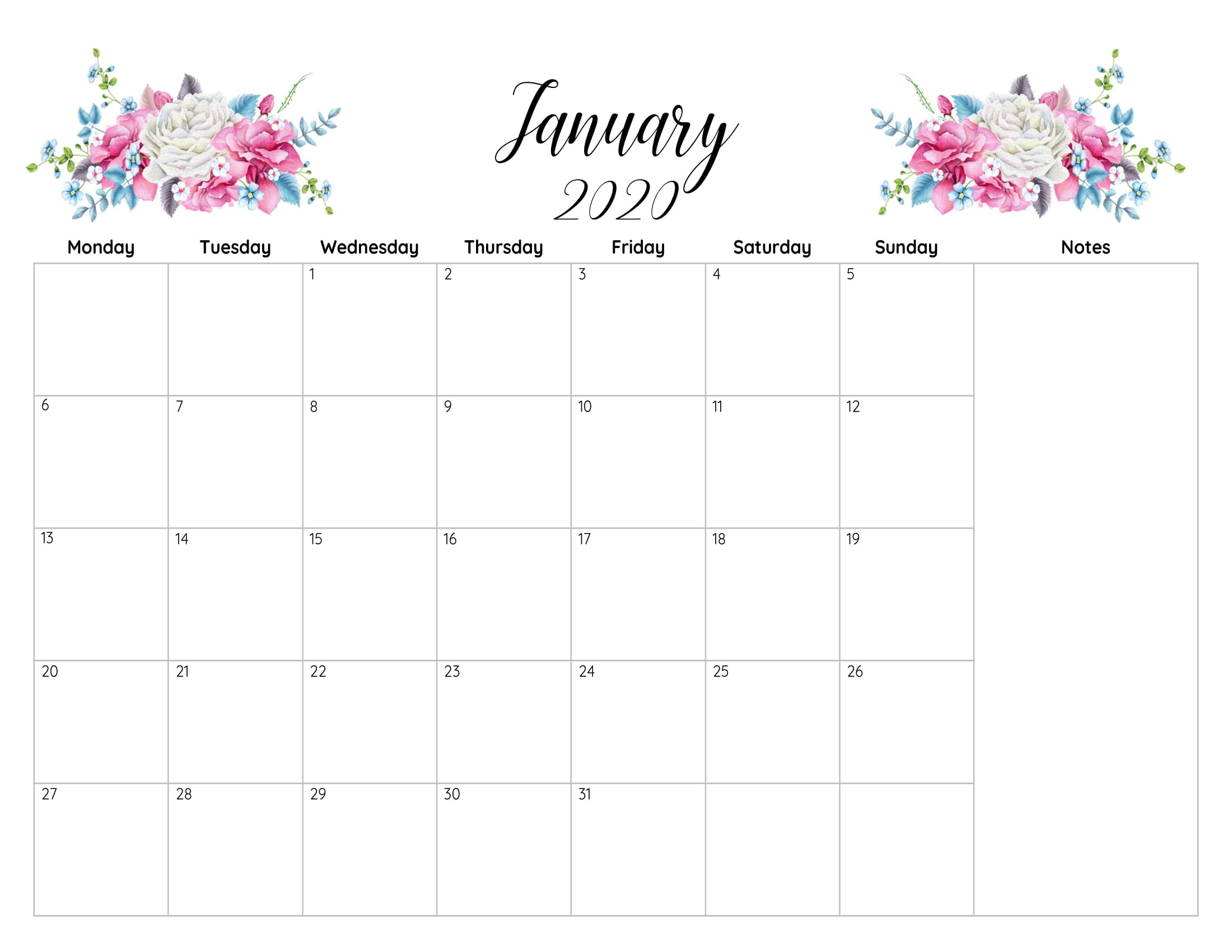 Printable Calendar January 2020 Excel Template | Printable