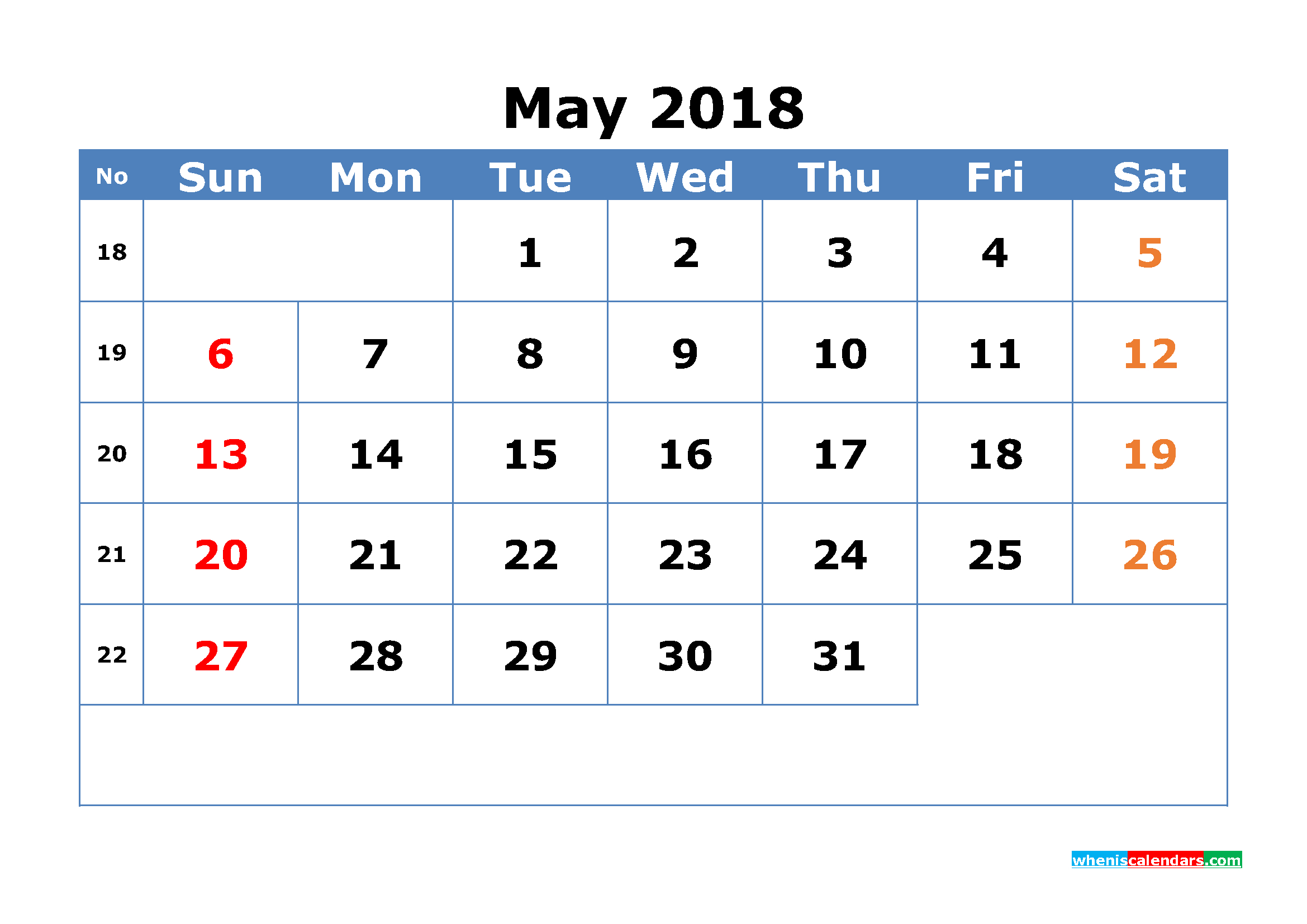 Printable Calendar May 2018 With Week Numbers Pdf, Image