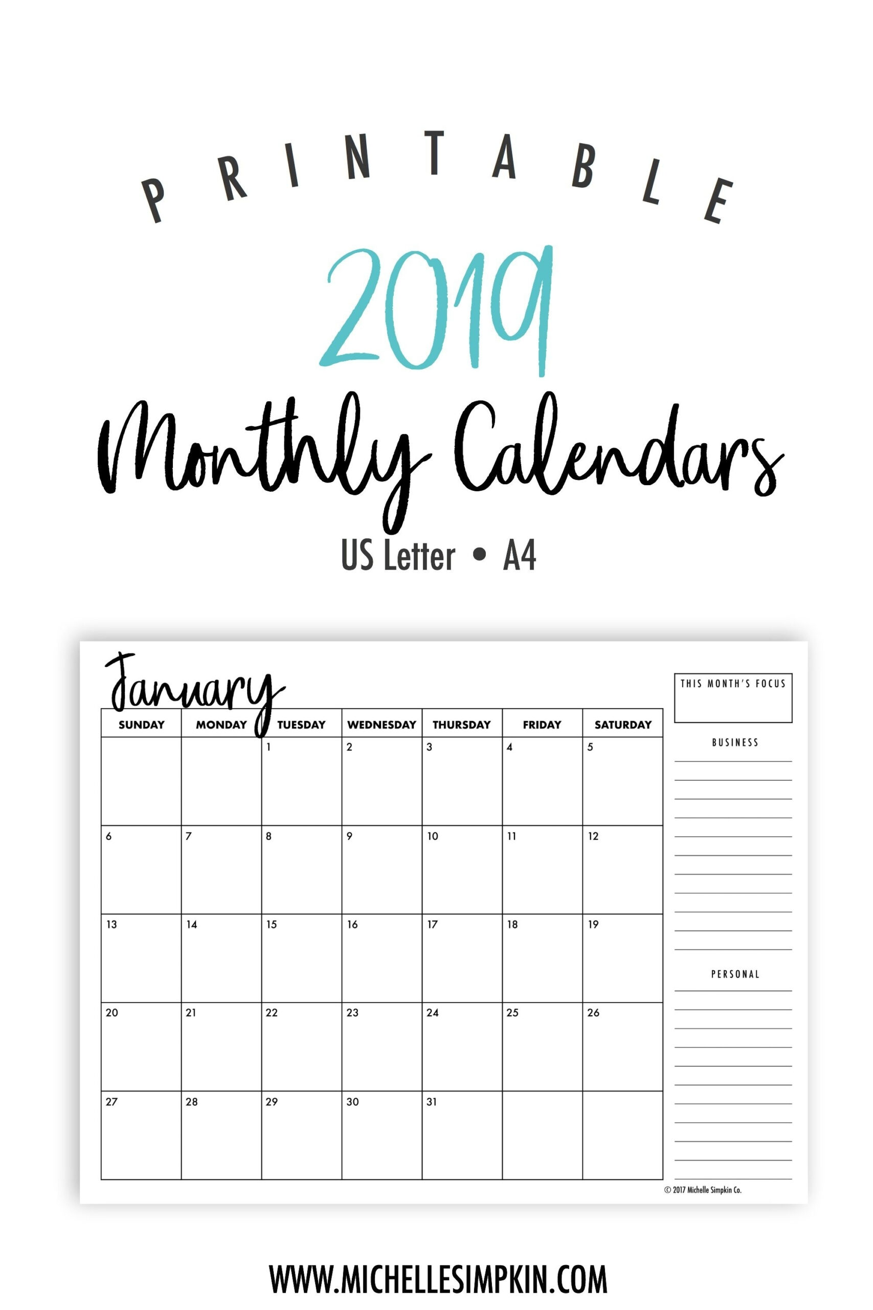 Printable Calendar Monthly 2019-2020 Free 11X17 Large