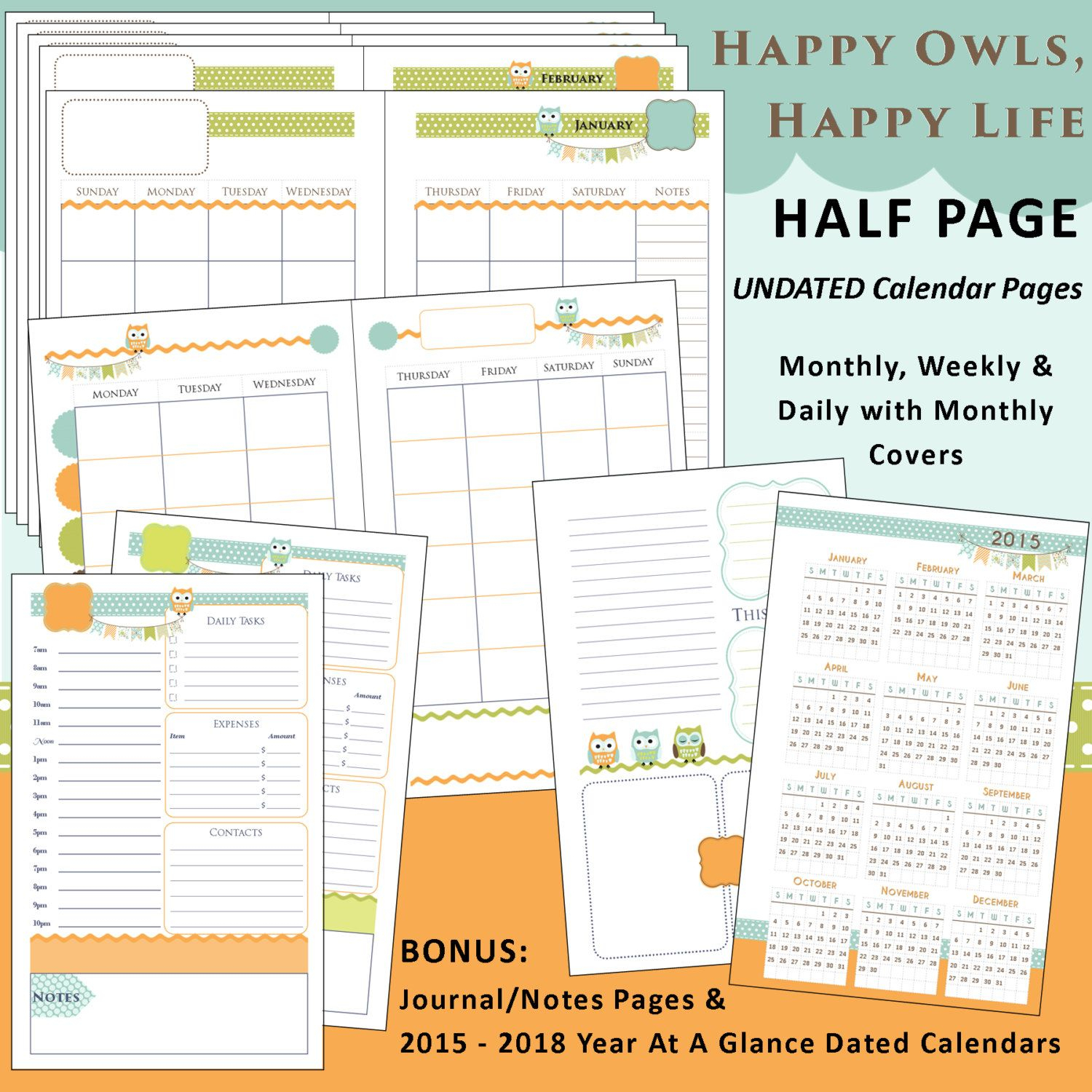 Printable Calendar Planner Happy Owls - Us Half Page