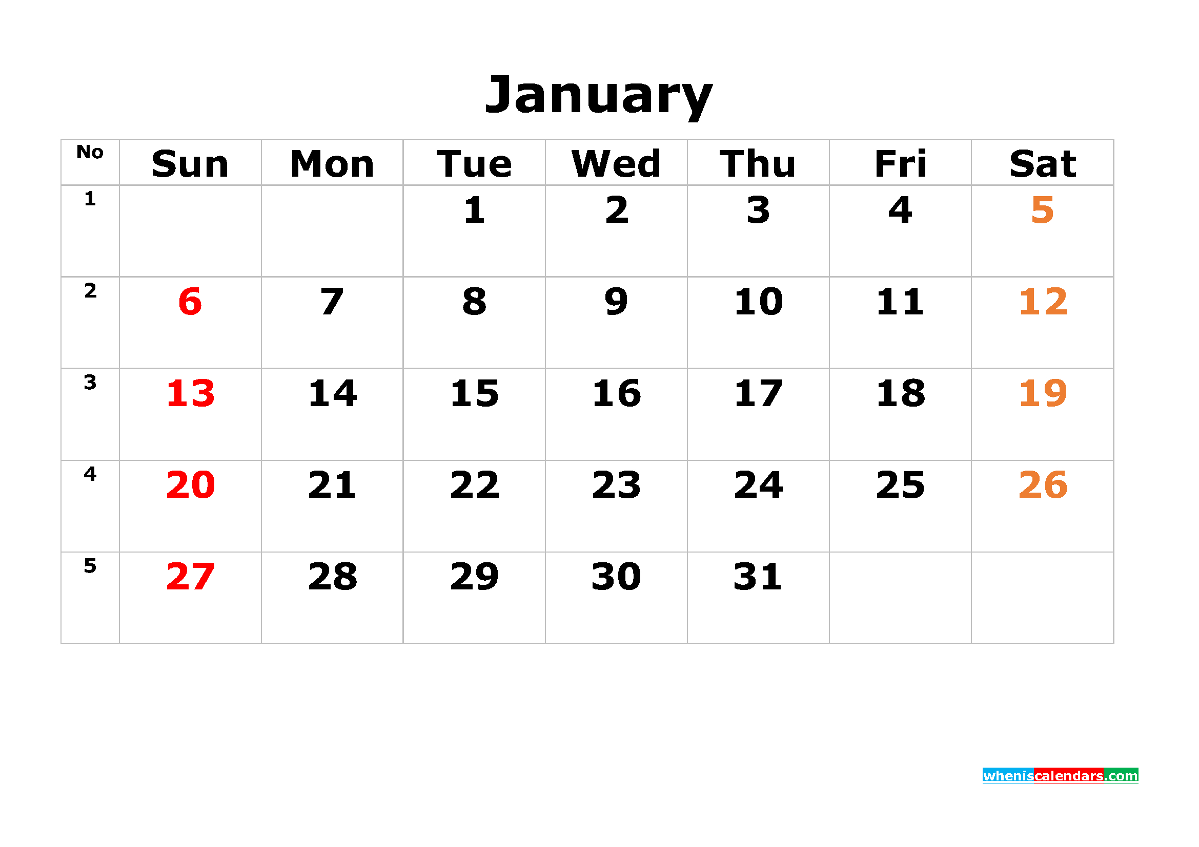 Printable Calendar Template January 2019 As Pdf And Image