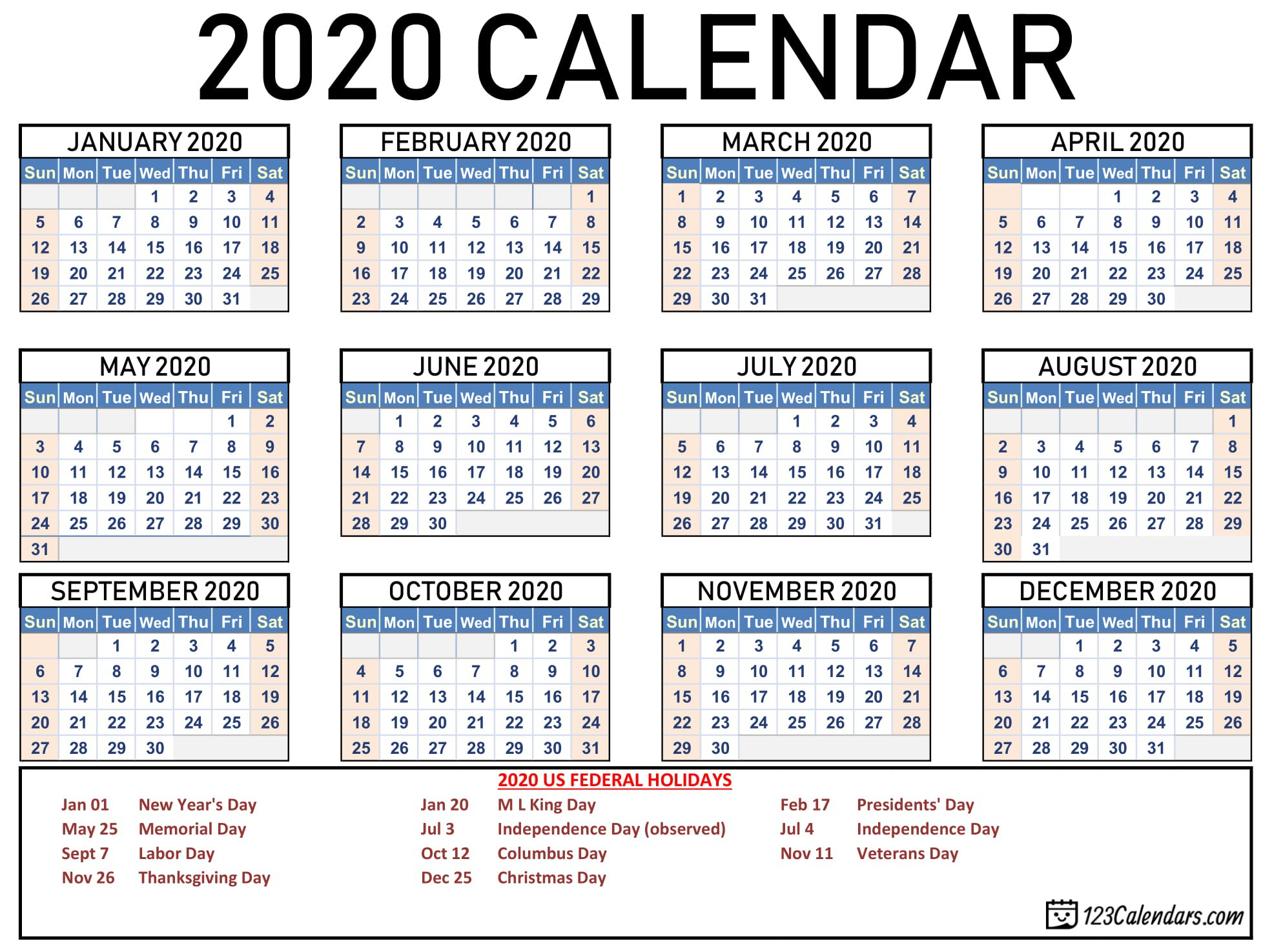 Printable Calendars With Holidays 2020 | Printable