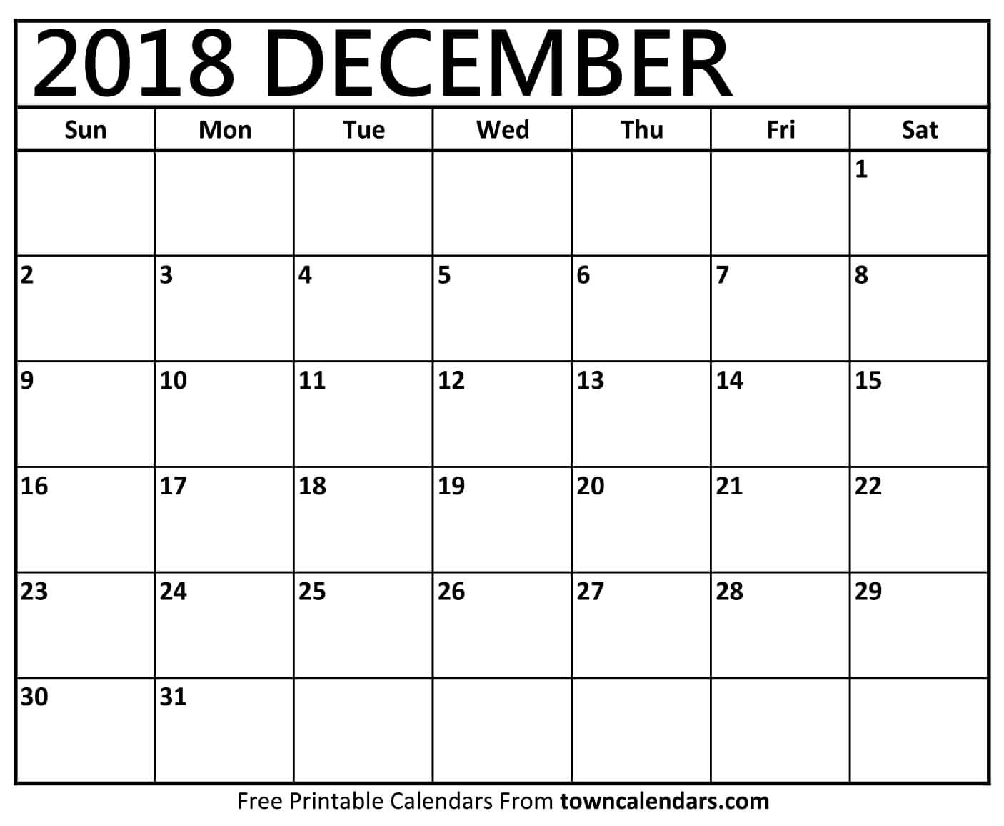 Printable December 2018 Calendar - Towncalendars