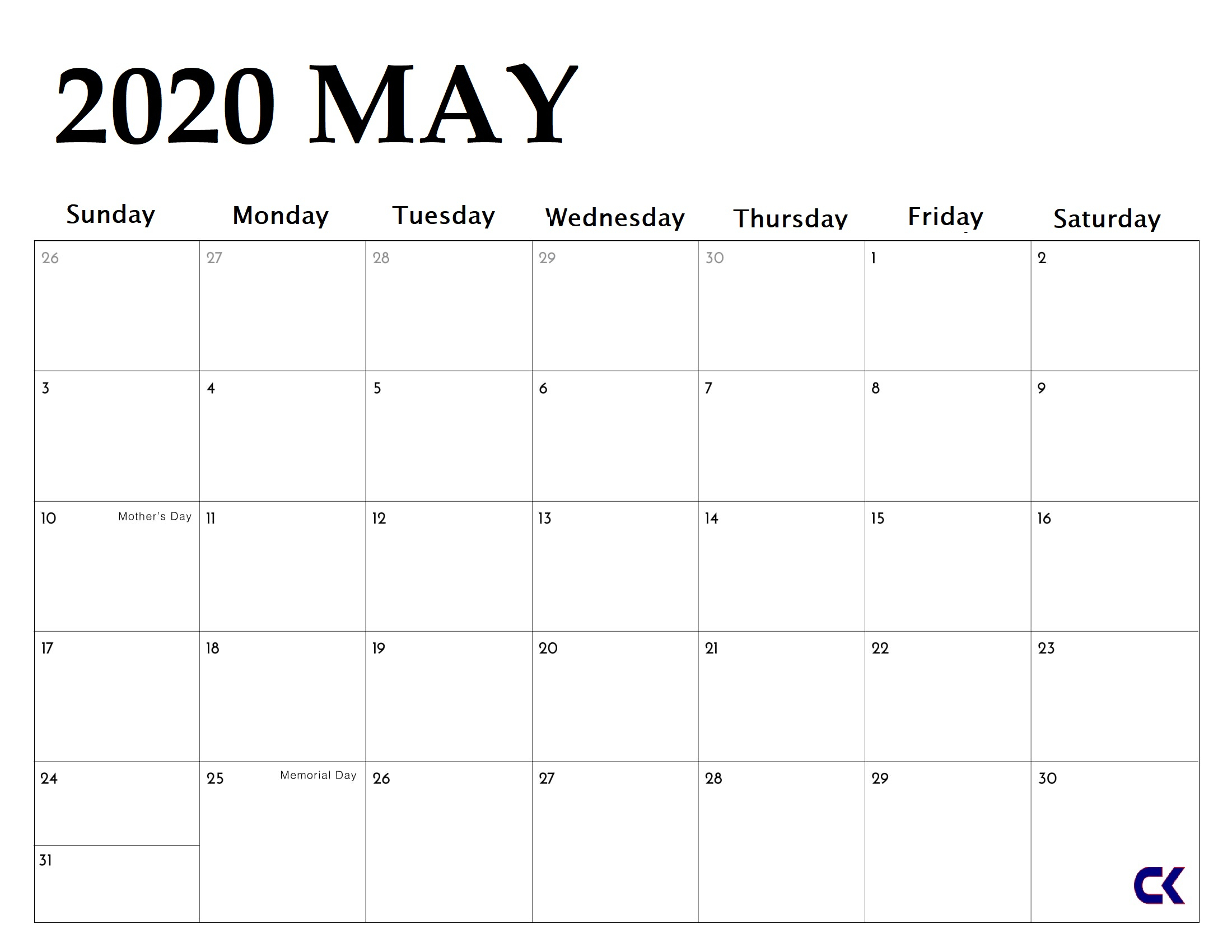 Printable May 2020 Calendar - Calendar-Kart