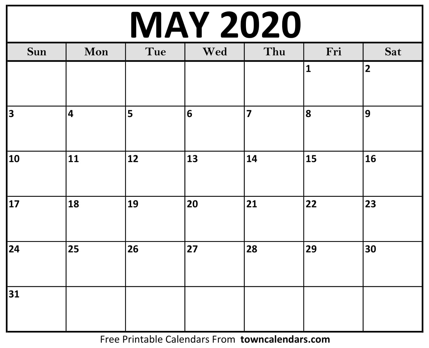Printable May 2020 Calendar - Towncalendars