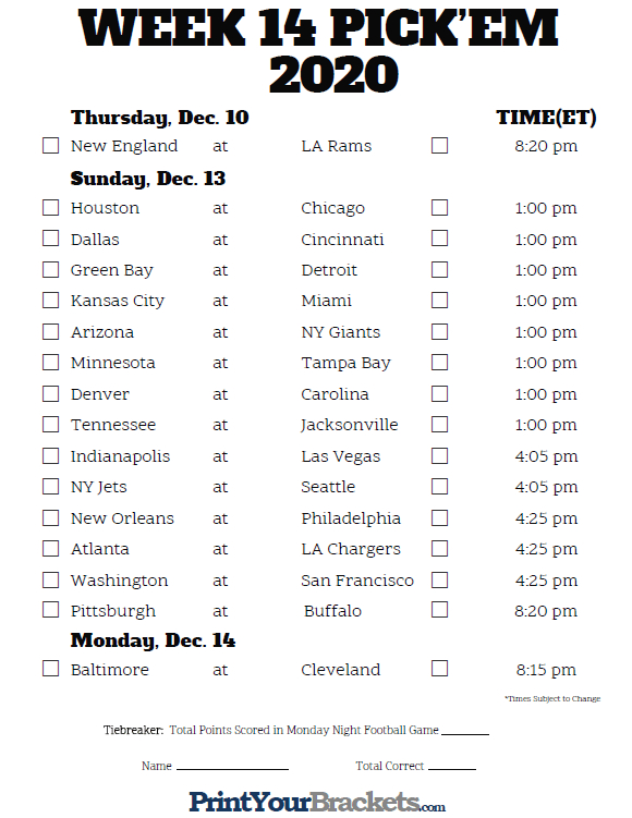 Printable Nfl Week 14 Schedule Pick Em Pool 2020