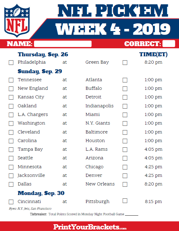 Printable Nfl Week 4 Schedule Pick Em Pool 2019