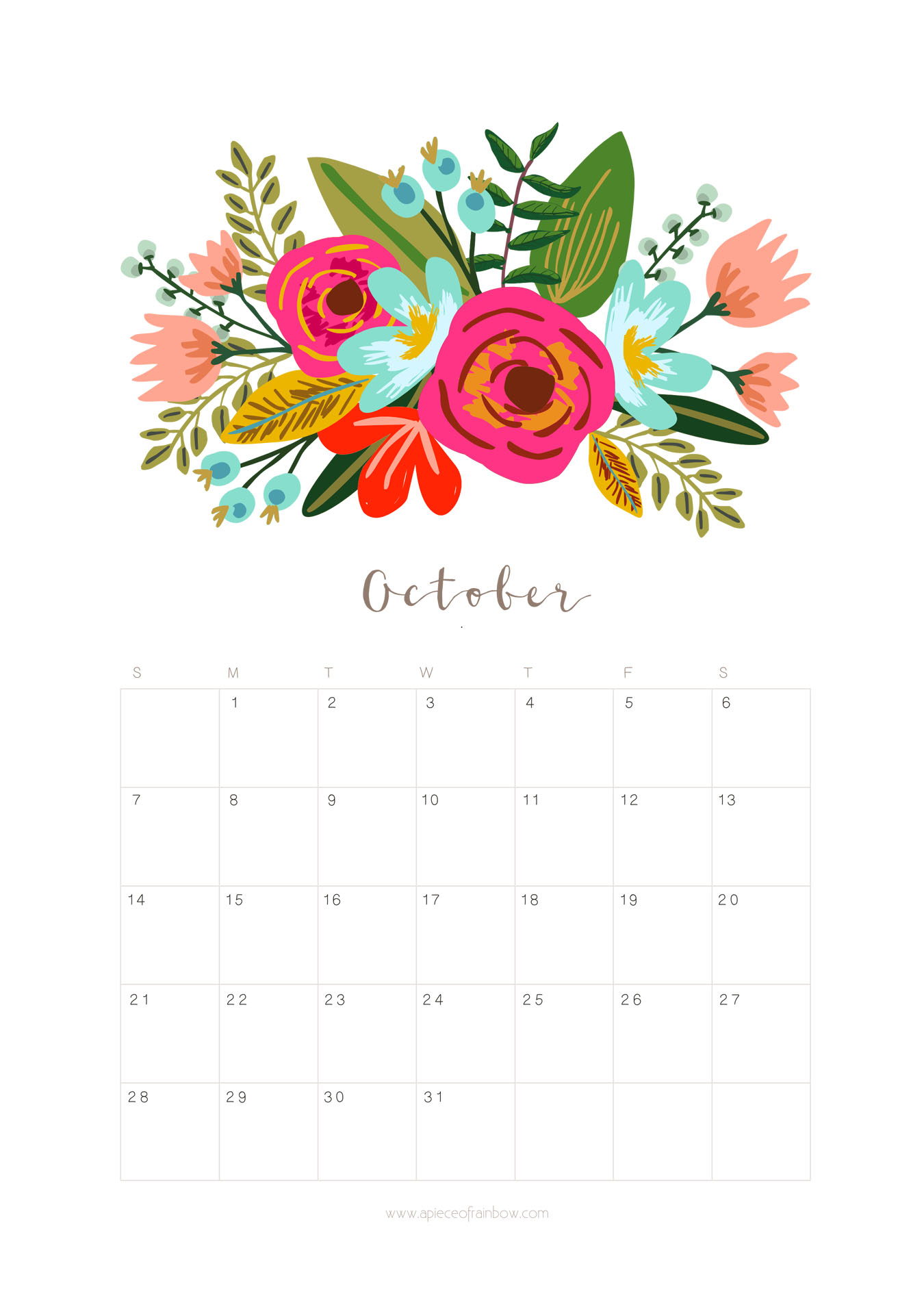 Printable October 2018 Calendar Monthly Planner - Floral