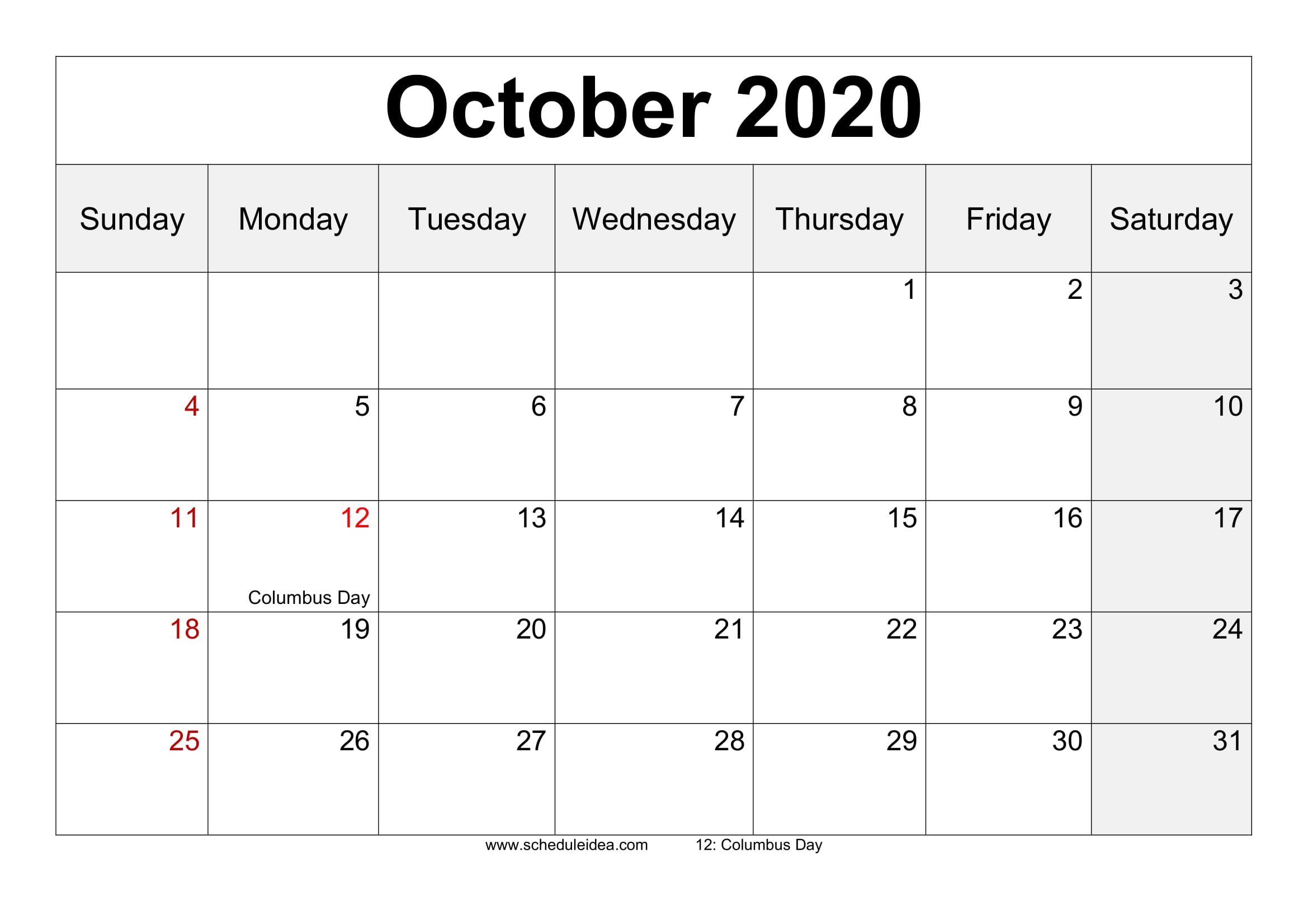 Printable October 2020 Calendar Template - Download Now