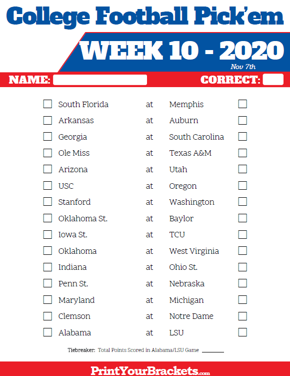 Printable Week 10 College Football Pick&#039;Em Sheets - 2019