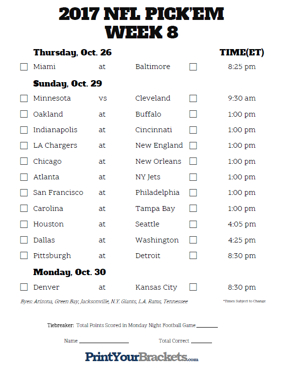 Printable Week 8 Nfl Schedule Pick Em Sheets | Nfl, Nfl