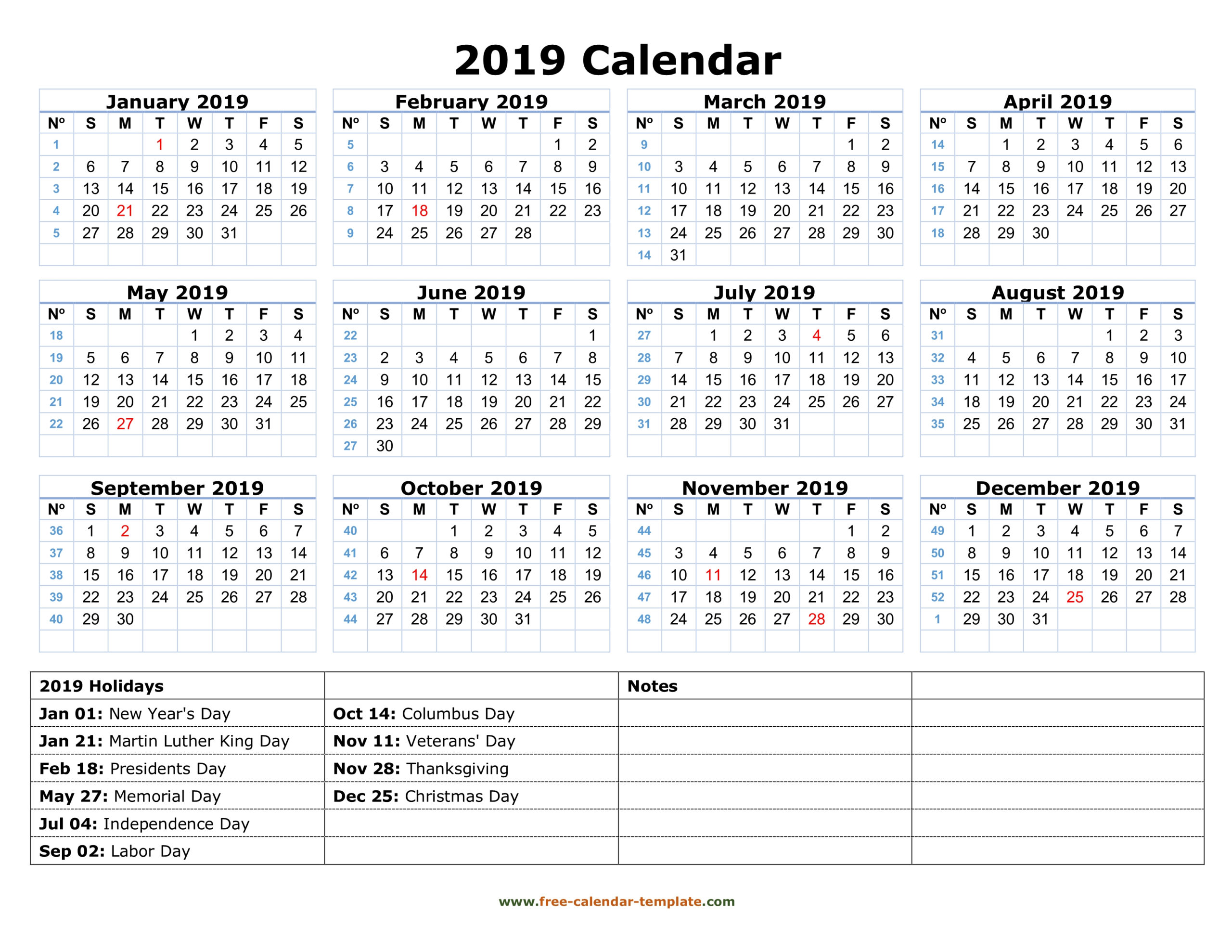 Printable Yearly Calendar 2019 | Free-Calendar-Template