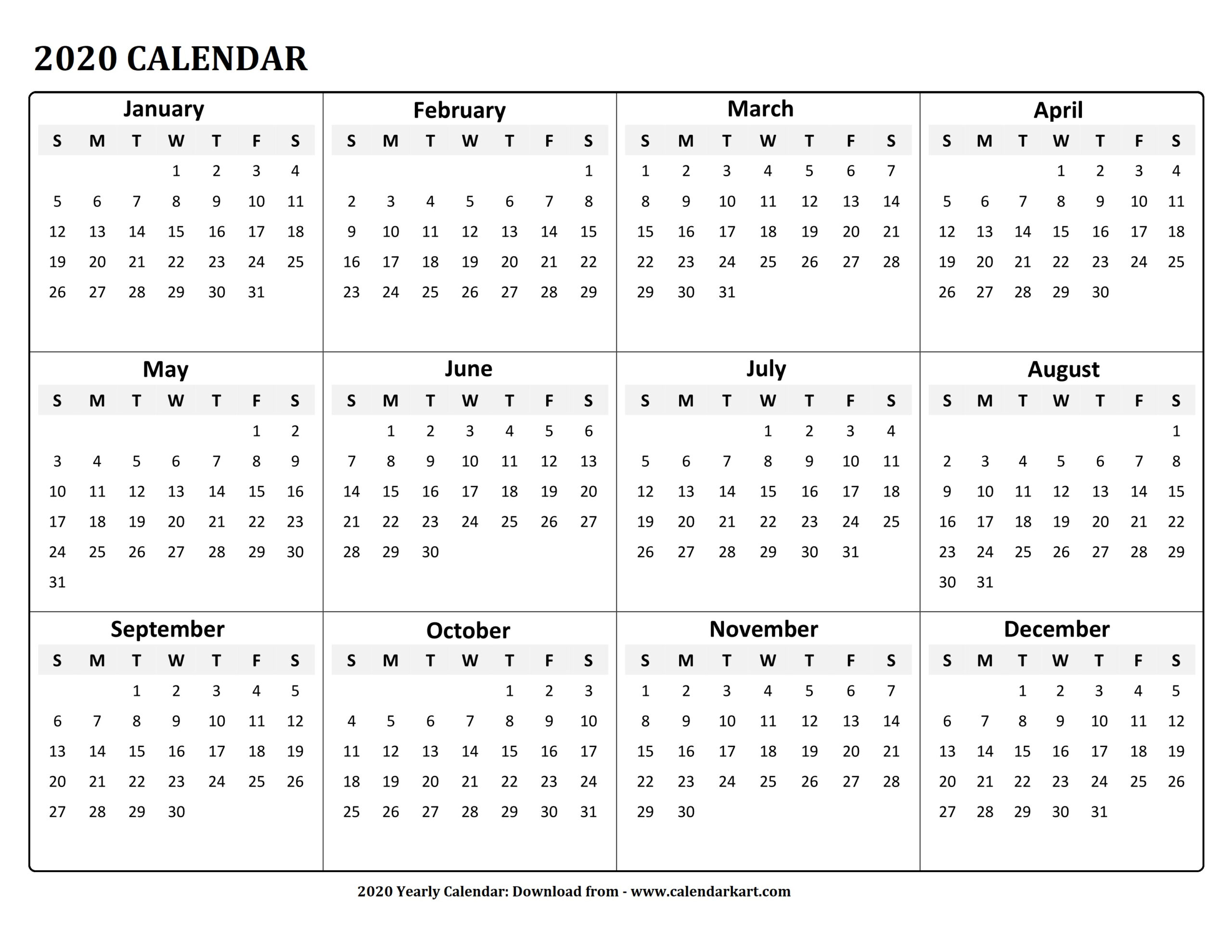 Printable Yearly Calendar 2020: 4 Free Pdf Templates