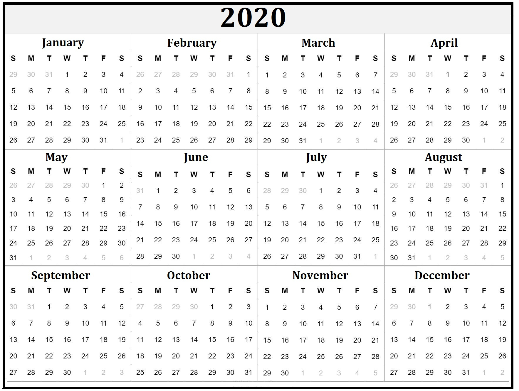 Printable Yearly Calendar 2020: 4 Free Pdf Templates