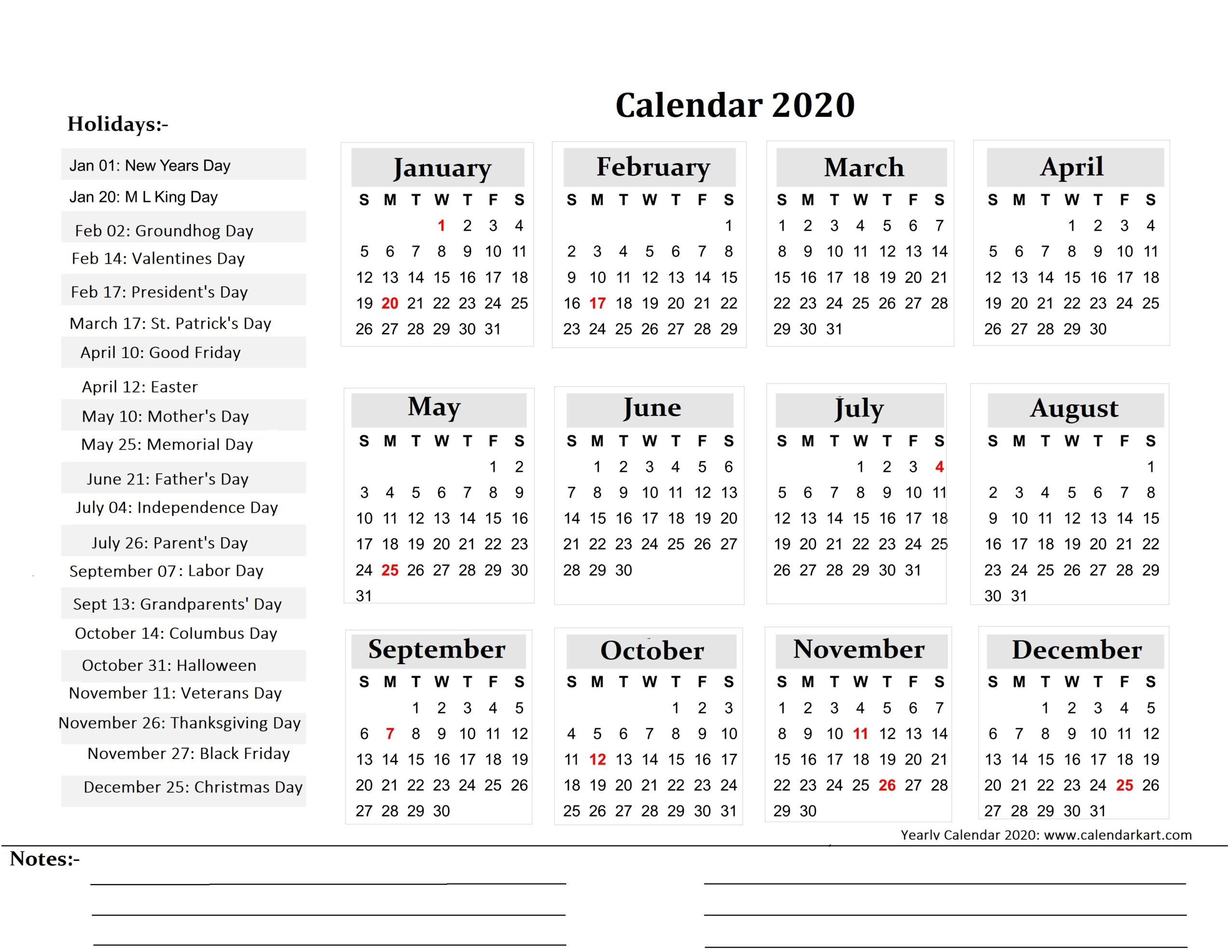 Printable Yearly Calendar 2020: 4 Free Pdf Templates