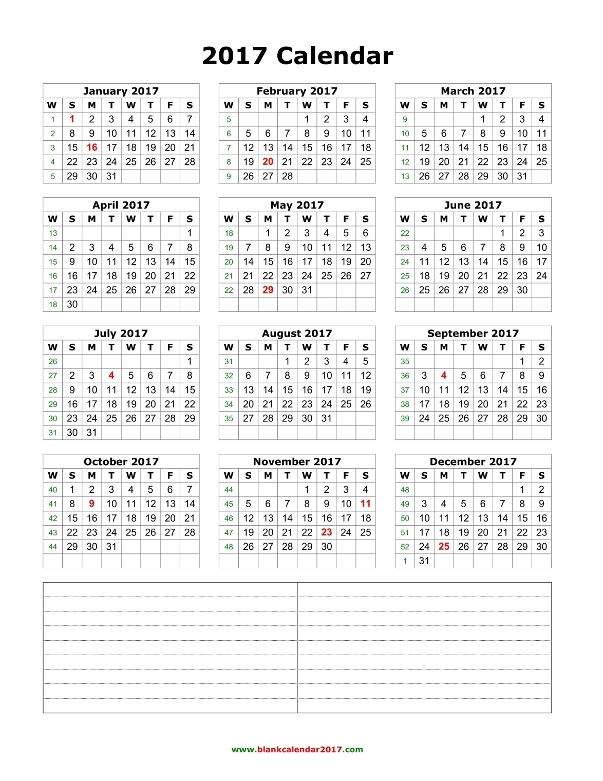 Printable Yearly Calendar With Space To Write :-Free