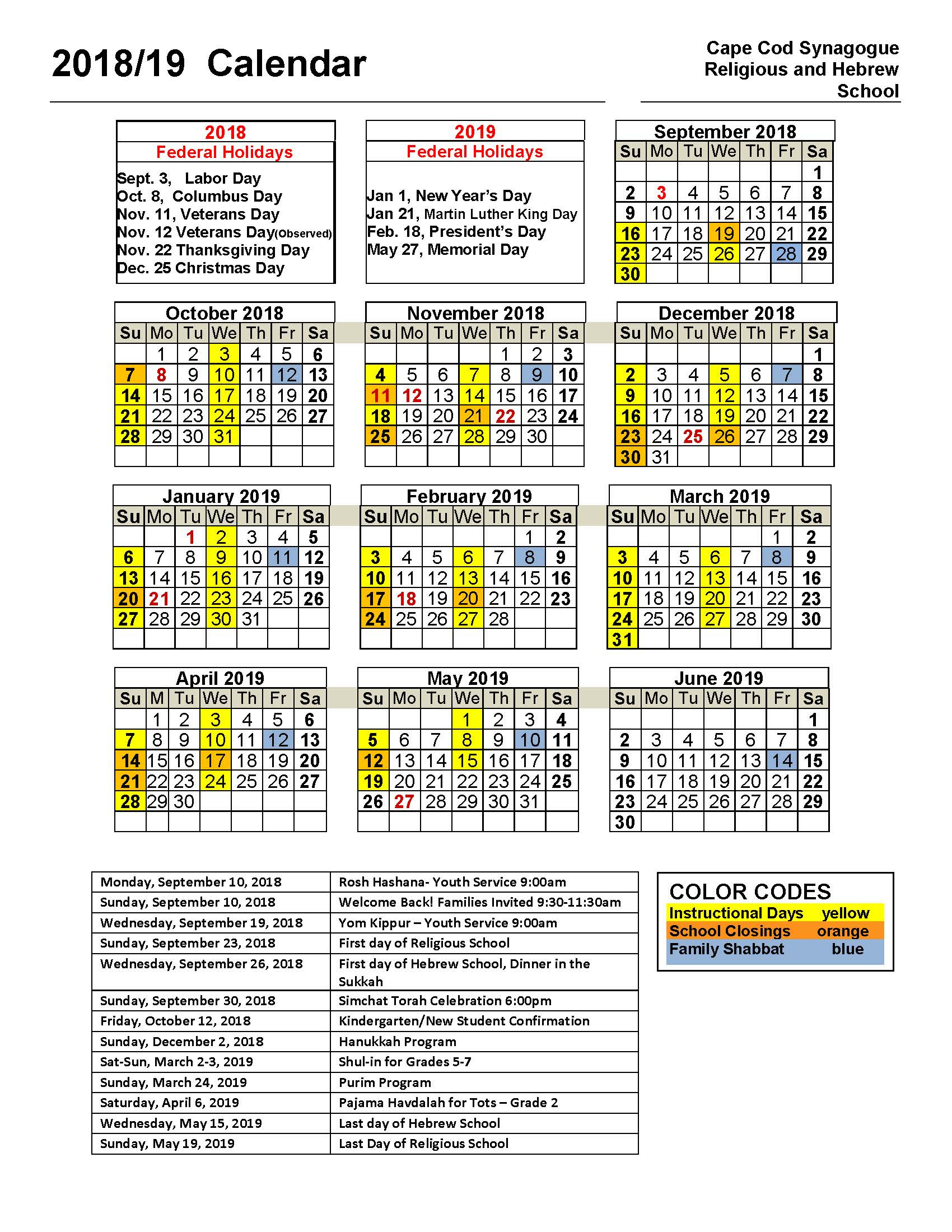 Religious And Hebrew School Calendar – Cape Cod Synagogue