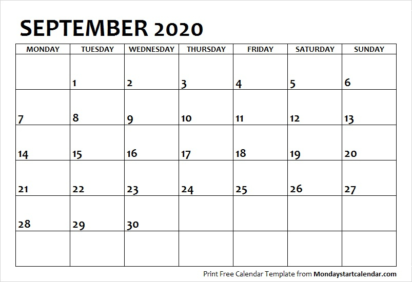 September 2020 Calendar Monday Start | September Month