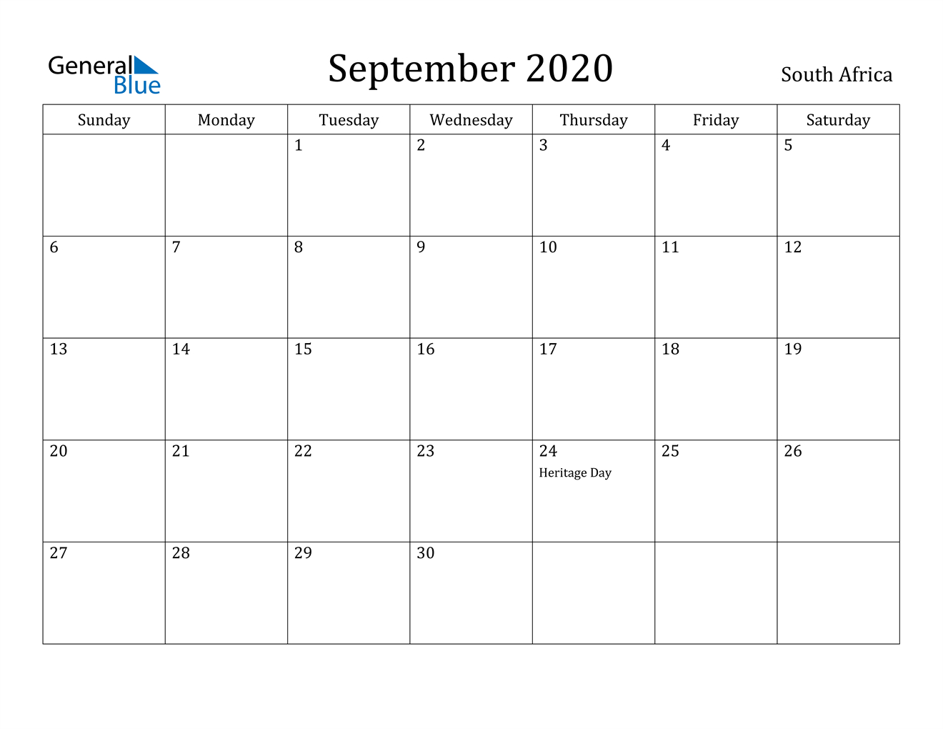 September 2020 Calendar - South Africa