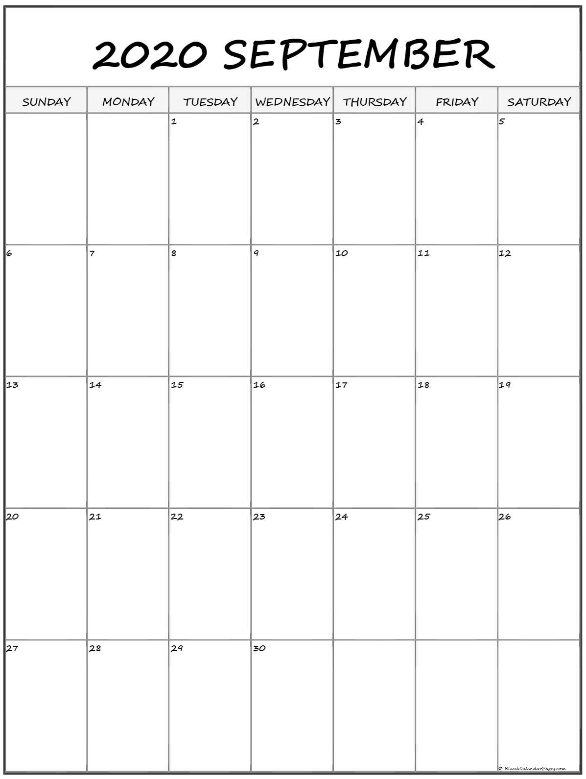 September 2020 Vertical Calendar | Portrait