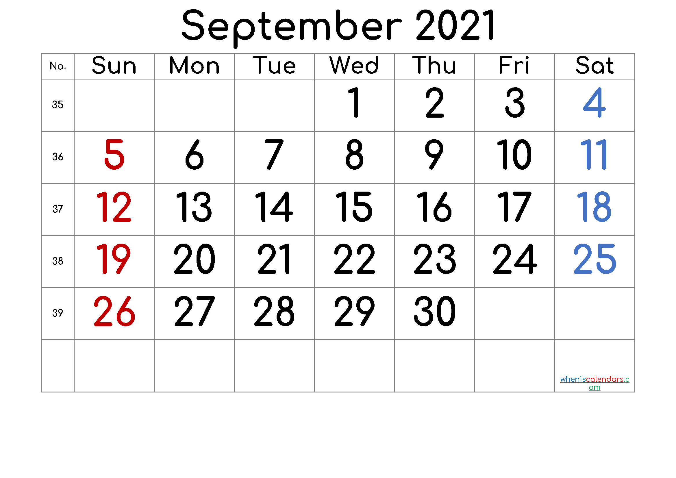 September 2021 Printable Calendar With Week Numbers [Free