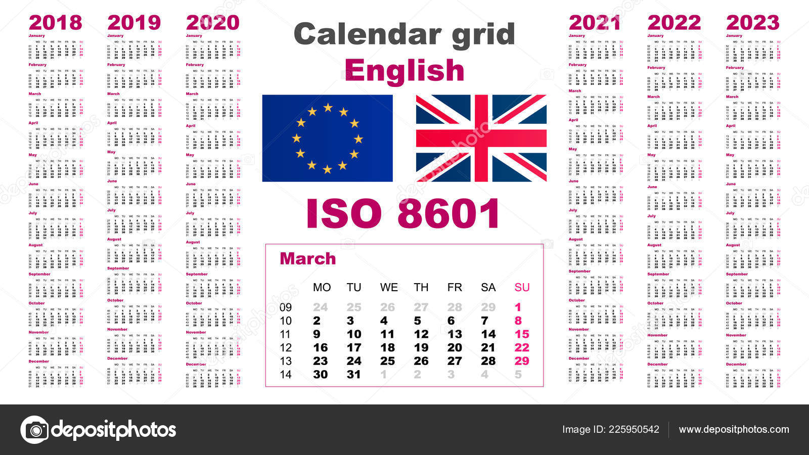 Set Grid Wall Calendar English For 2018, 2019, 2020, 2021