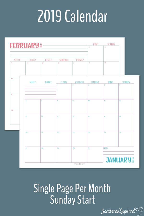 Single Page, Dated 2019 Calendars With Sunday And Monday