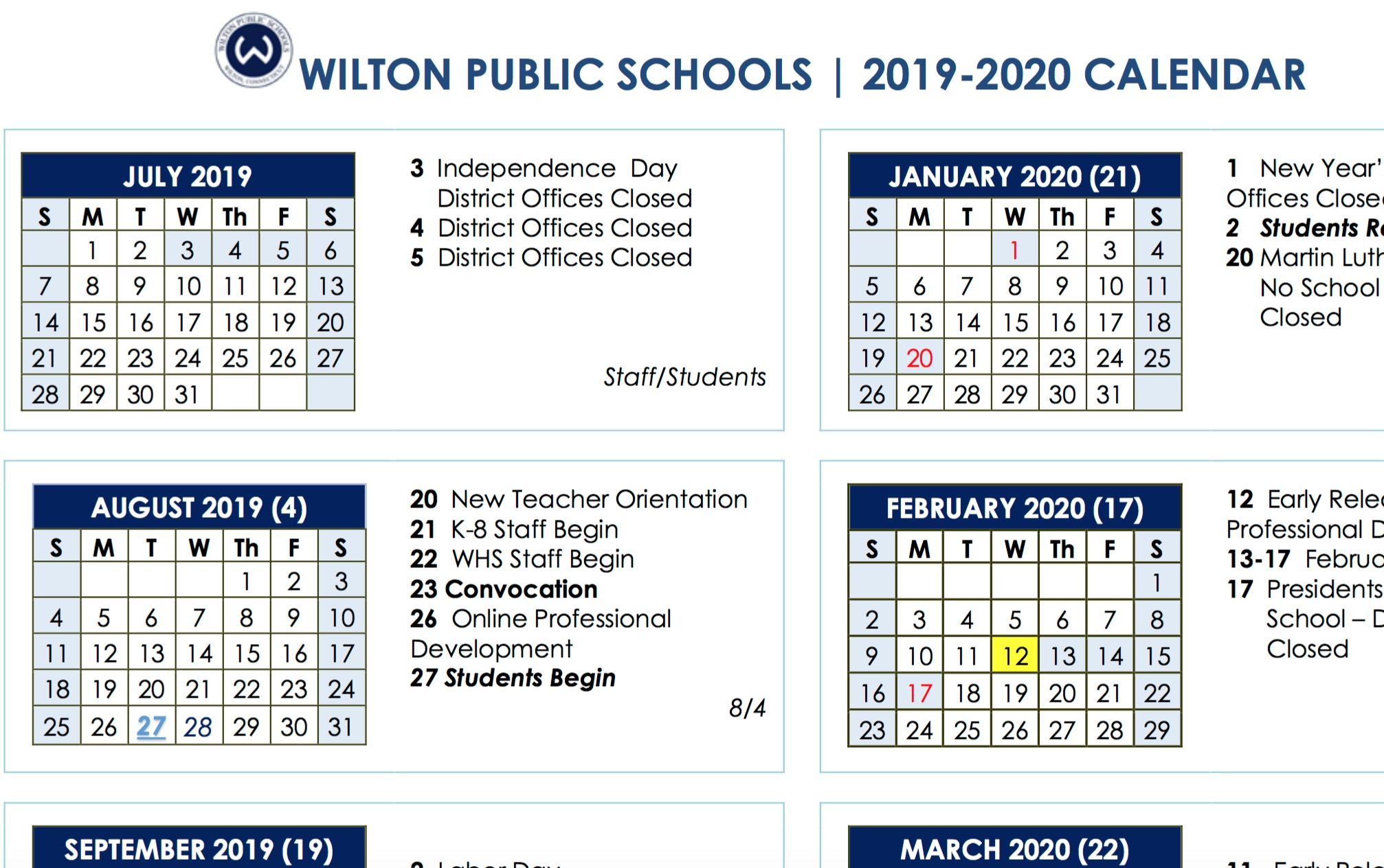 Special Days In The School Year 2019-2020 - Calendar