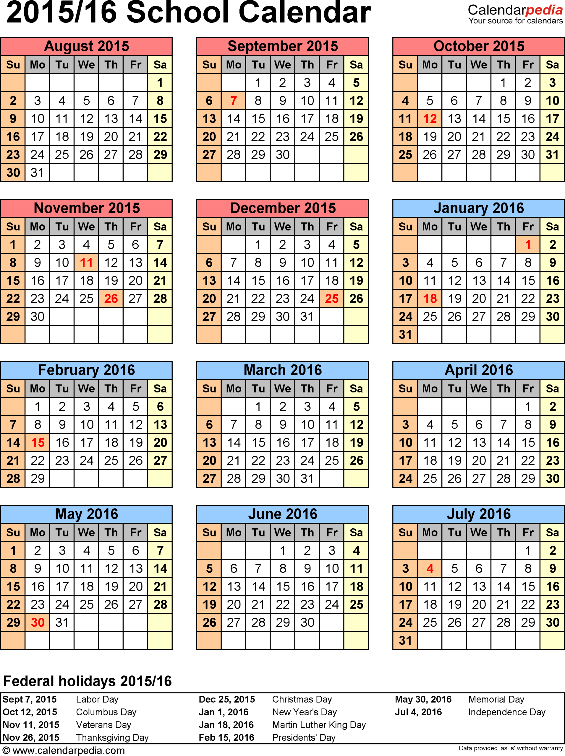 Template 6: School Calendar 2015/16 For Word, Portrait