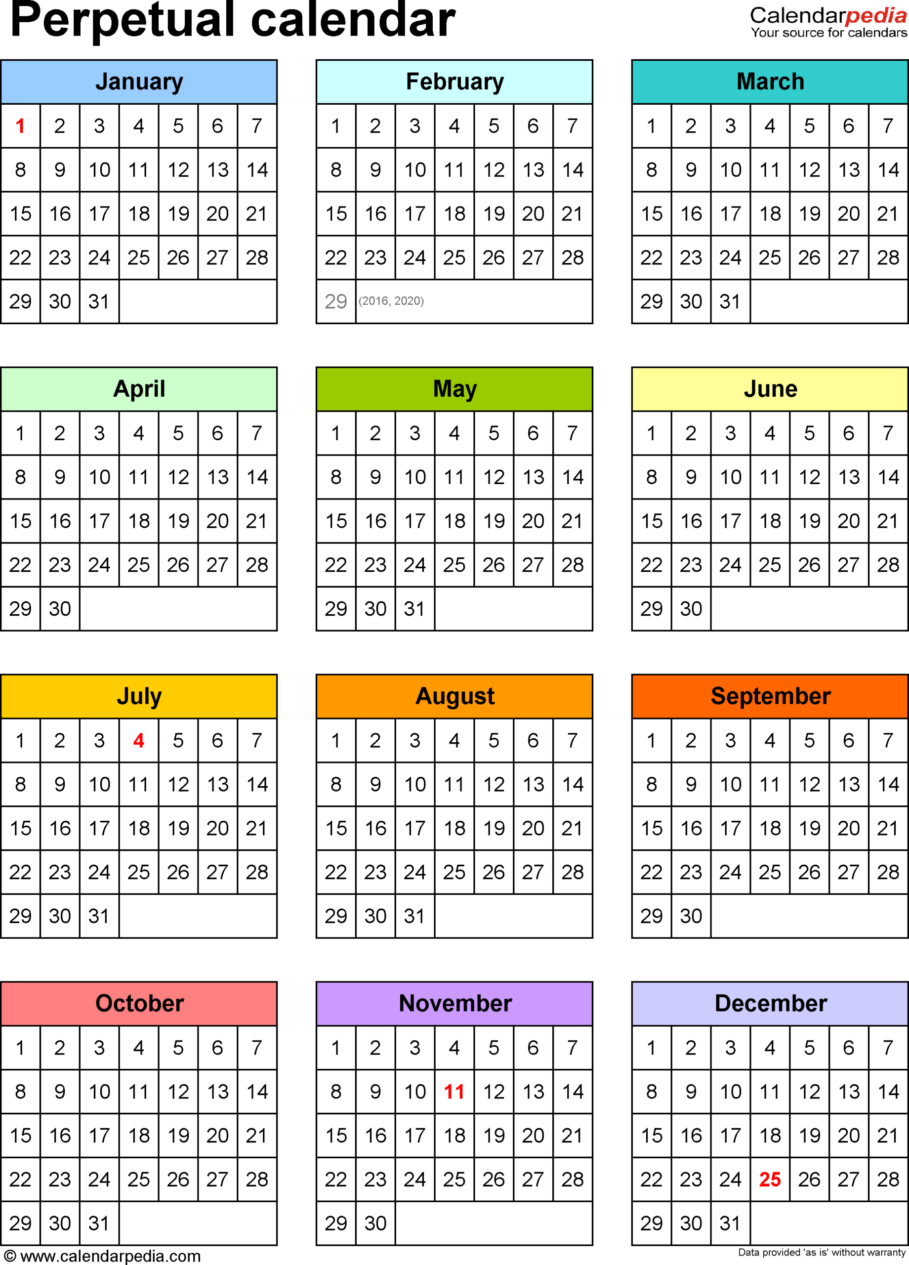 Template 9: Pdf Template For Perpetual Calendar (Portrait
