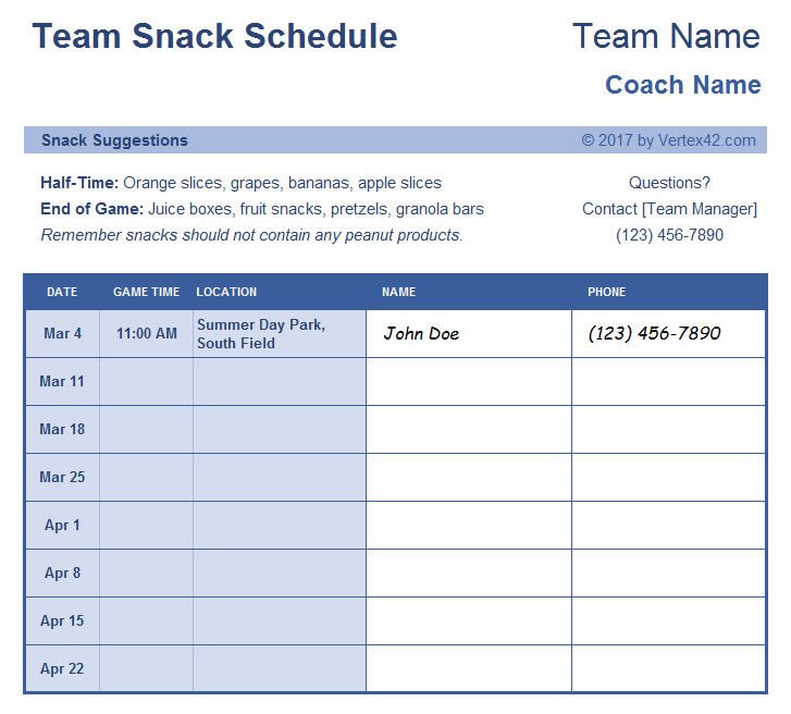 This Free Team Snack Schedule Sign Up Form Is Designed For