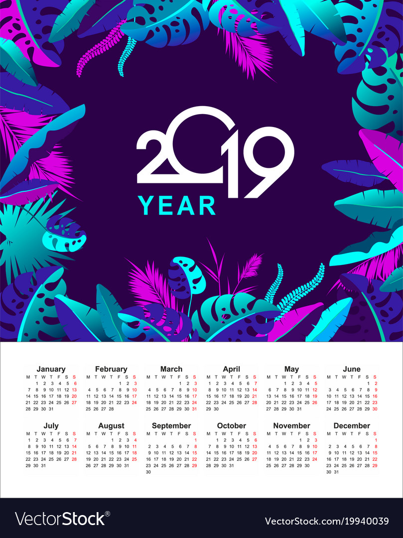 Tropical Calendar 2019 Year Royalty Free Vector Image