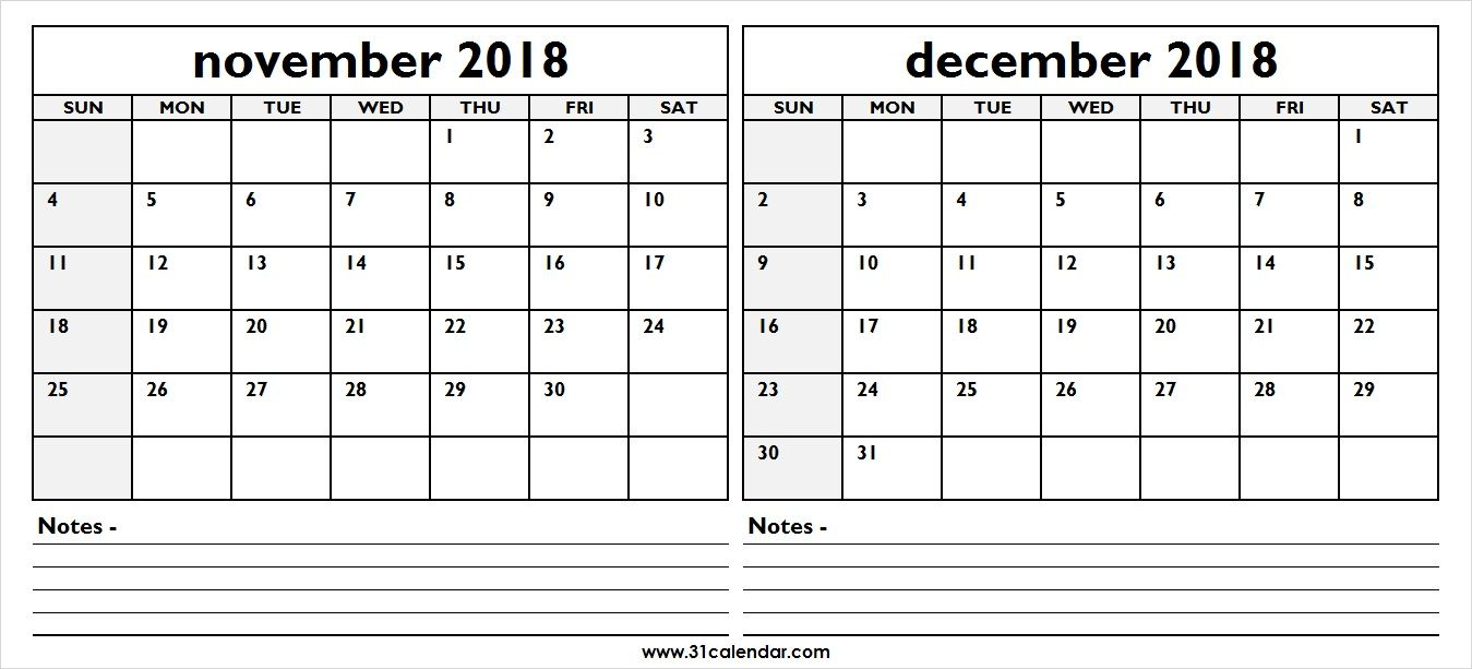 Two Month November December 2018 Calendar Template