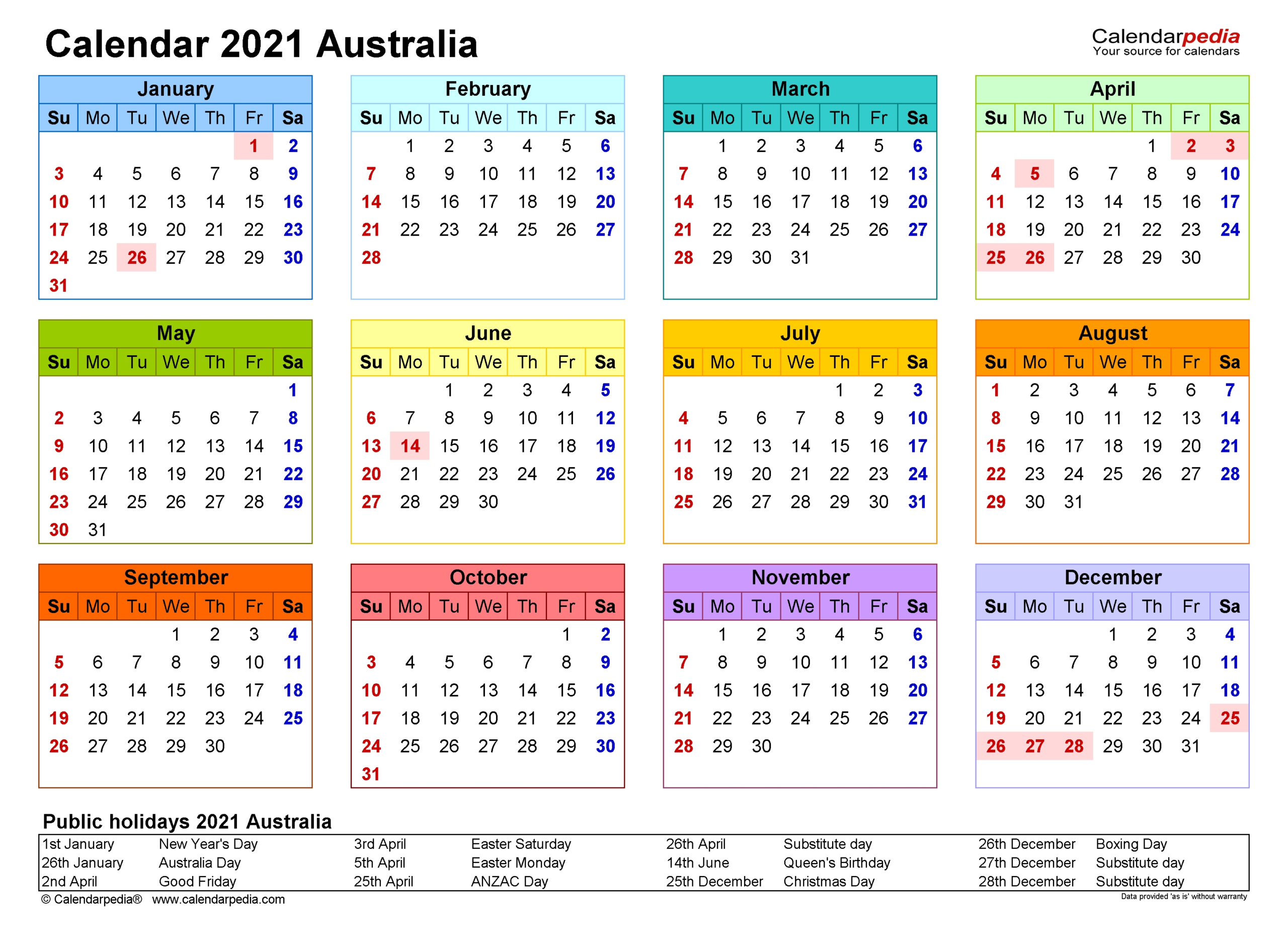 Year Calendar Australia 2020