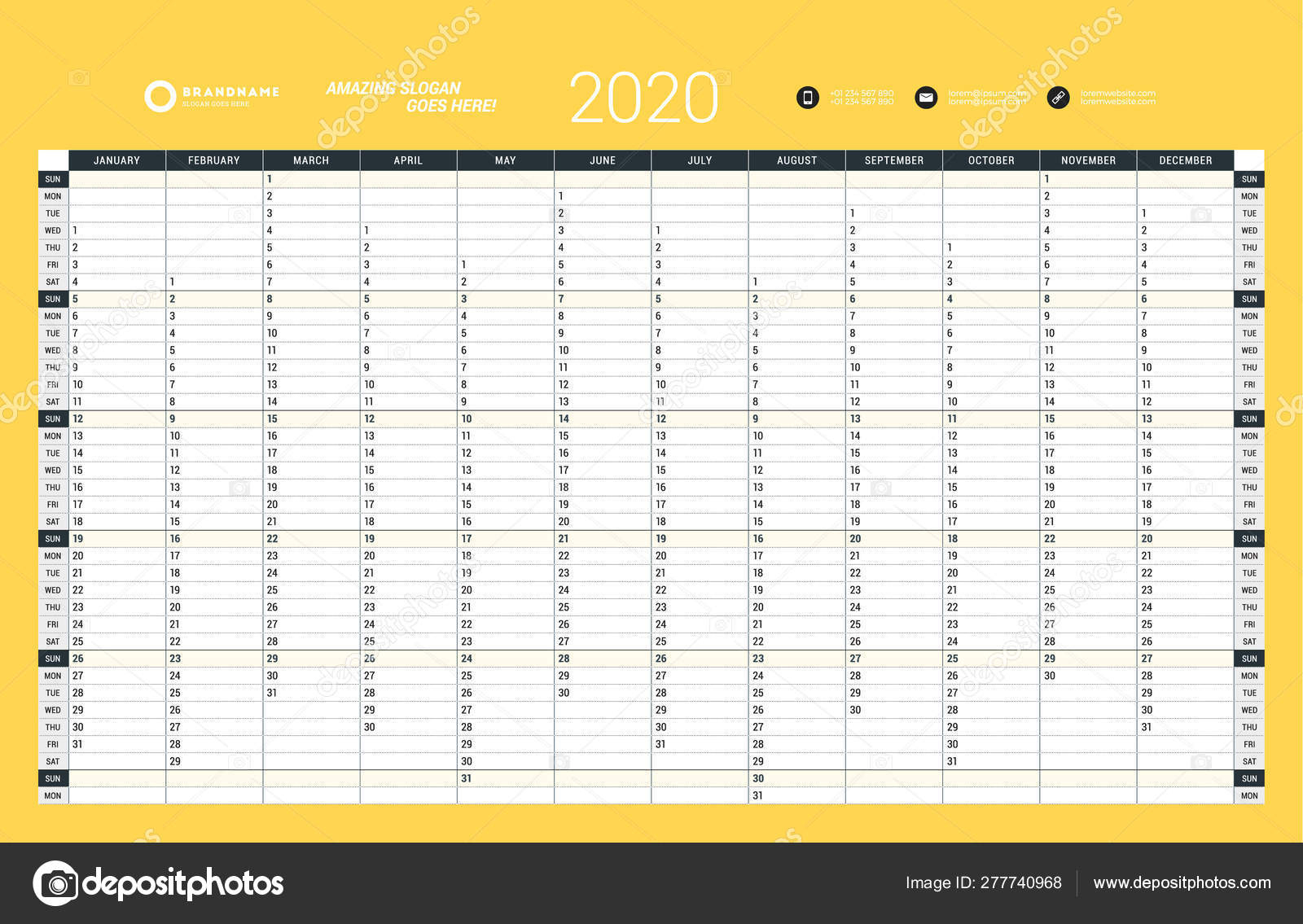 Wall Calendar Yearly Planner Template For 2020. Vector