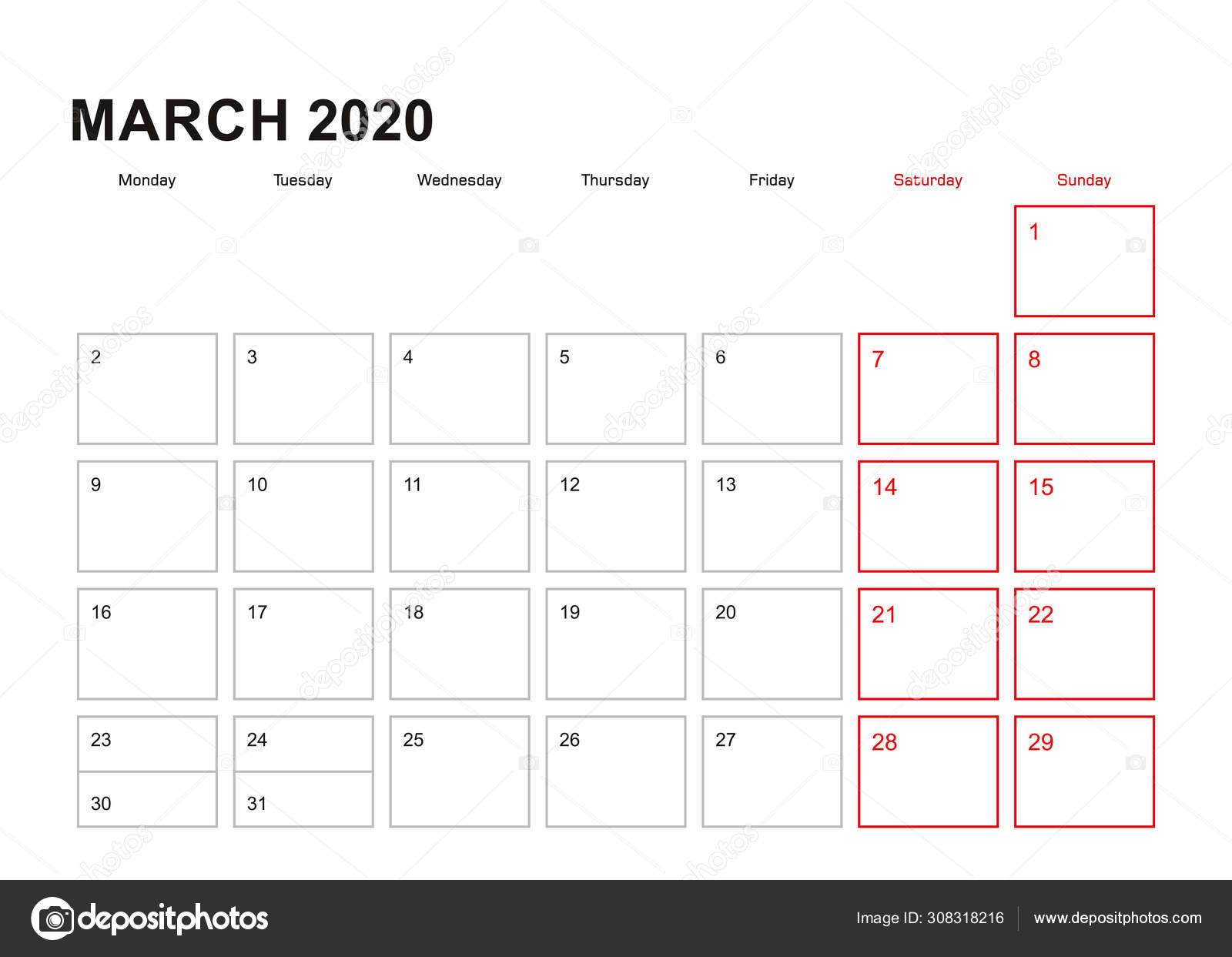 Wall Planner For March 2020 In English Language, Week