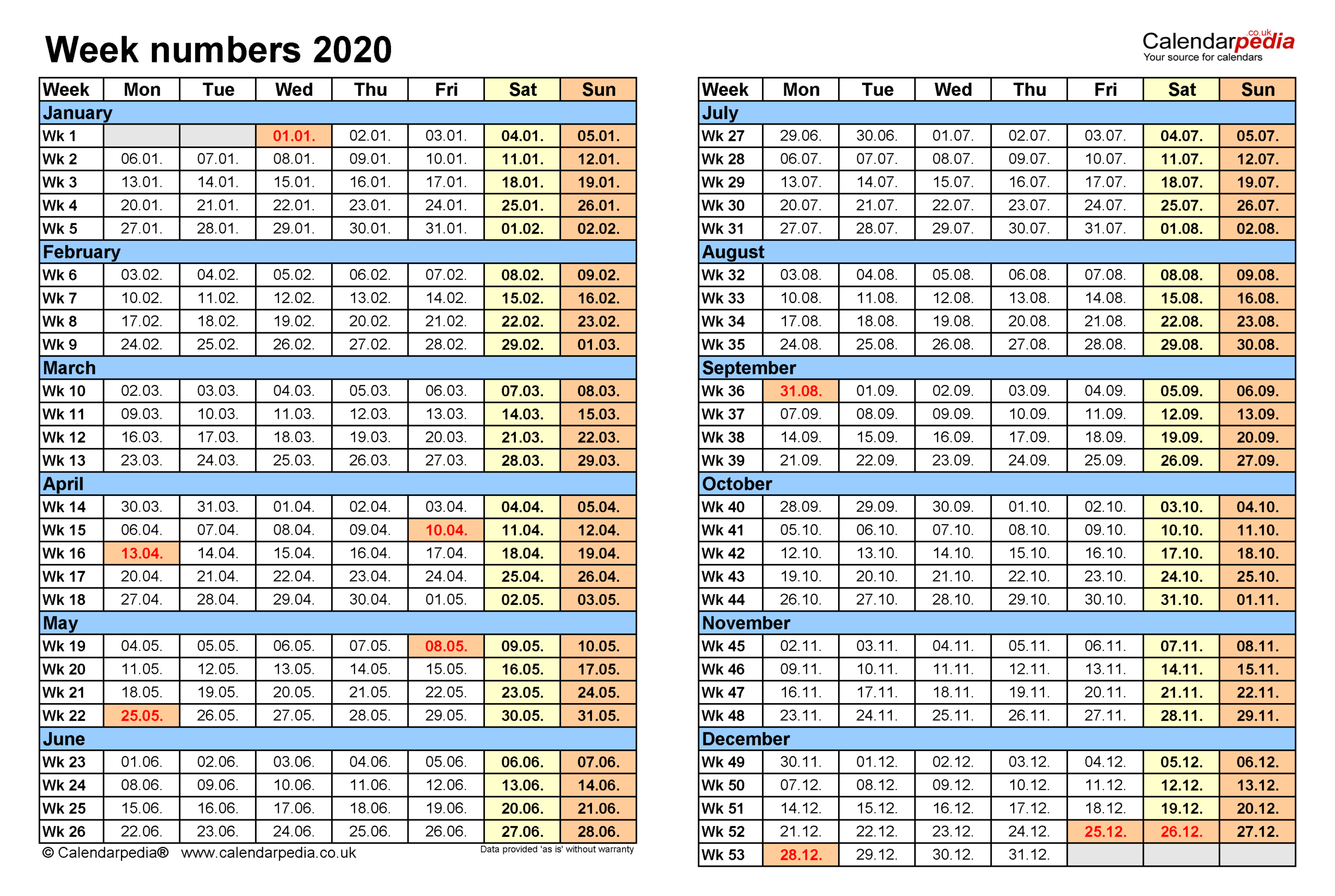 Week Numbers 2020 With Excel, Word And Pdf Templates