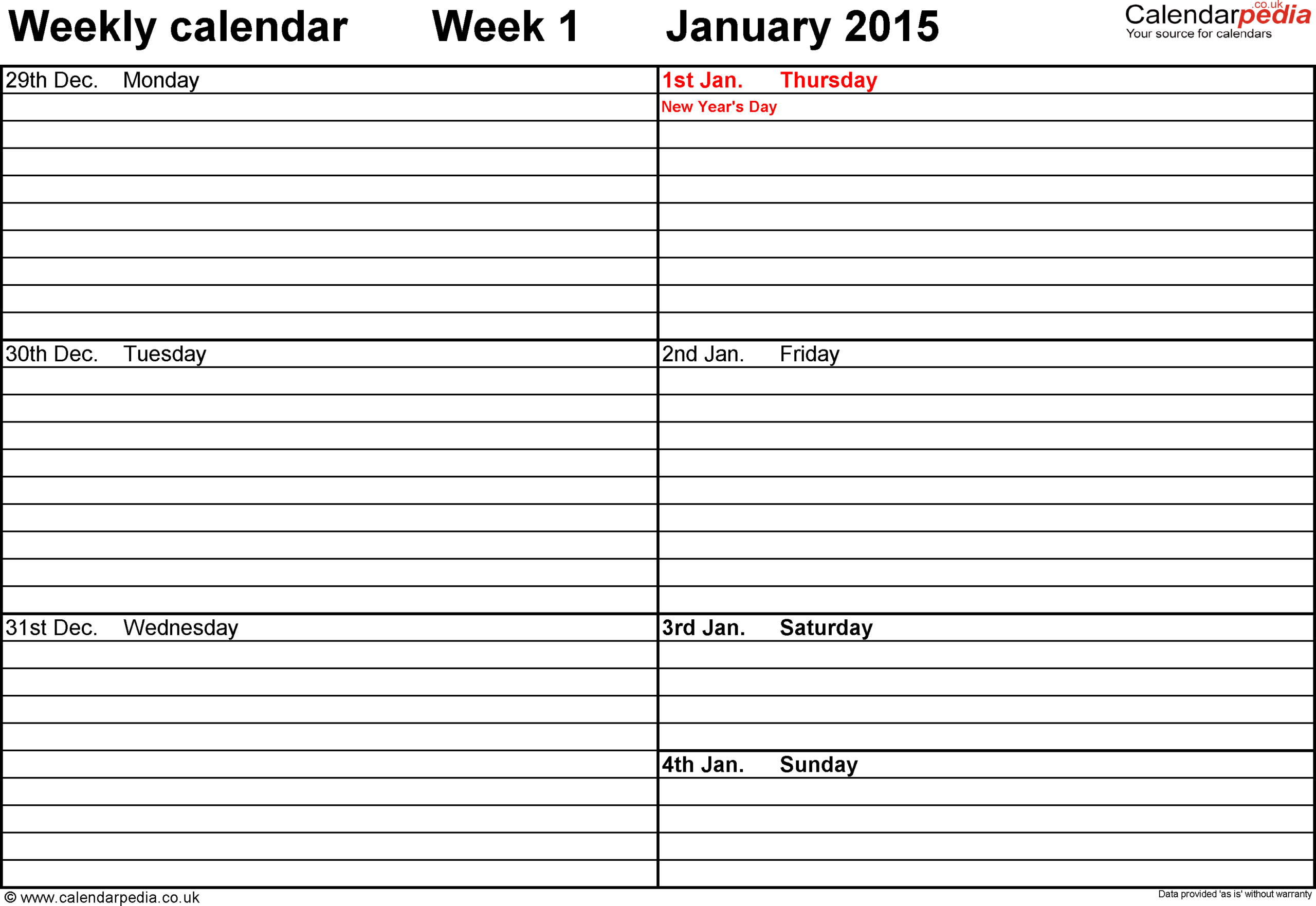 Weekly Calendar 2015 Uk - Free Printable Templates For Excel