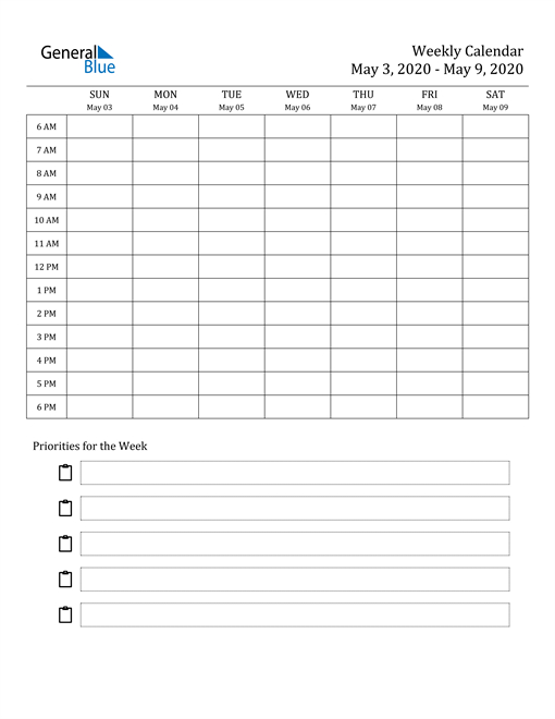 Weekly Calendar - May 3, 2020 To May 9, 2020 - (Pdf, Word