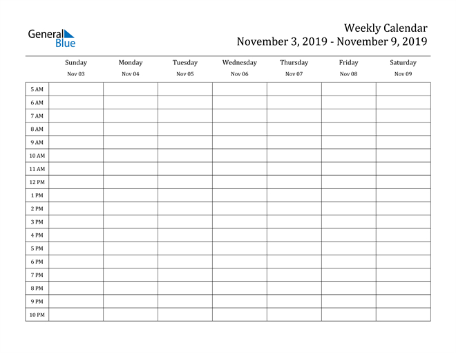 Weekly Calendar - November 3, 2019 To November 9, 2019