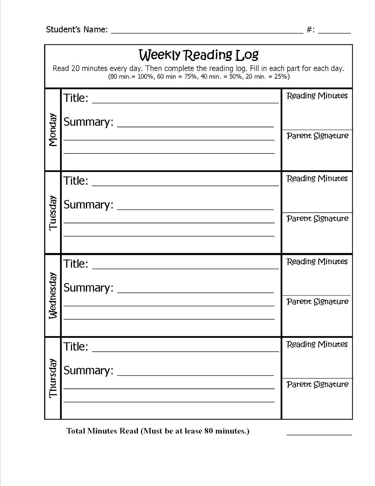 Free Reading Log Template With Parent Signature