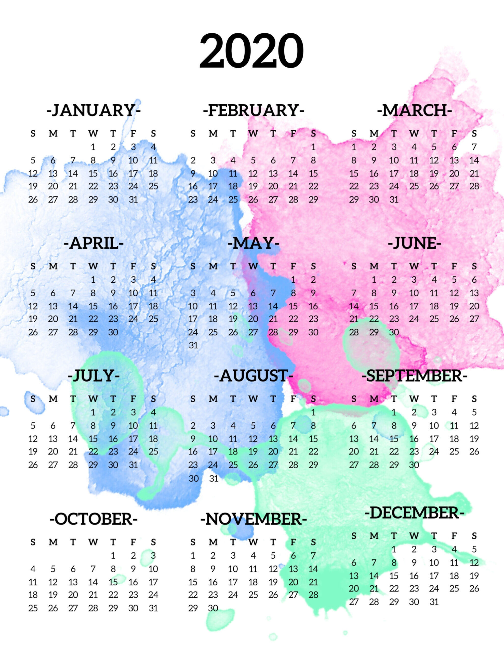 Year At A Glance 2020 Free Printable - Calendar