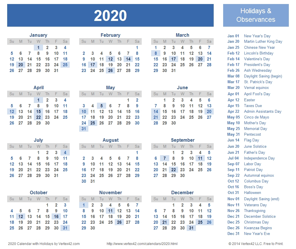 Year At A Glance Calendar 2020 With Holiday Free Printable