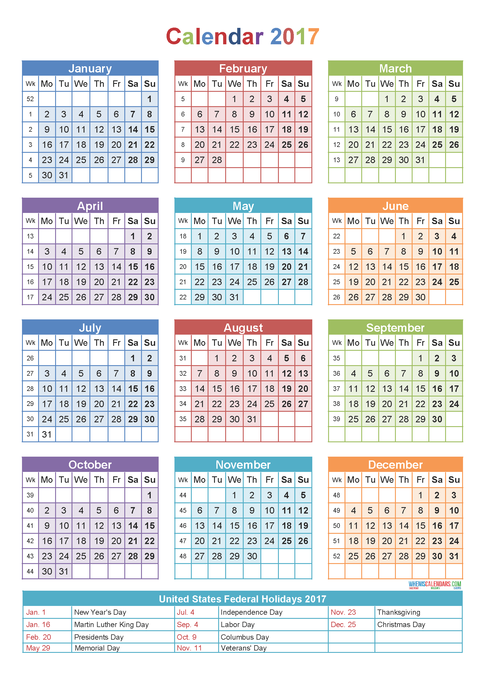 Yearly Calendar 2017 With Holidays Printable Template