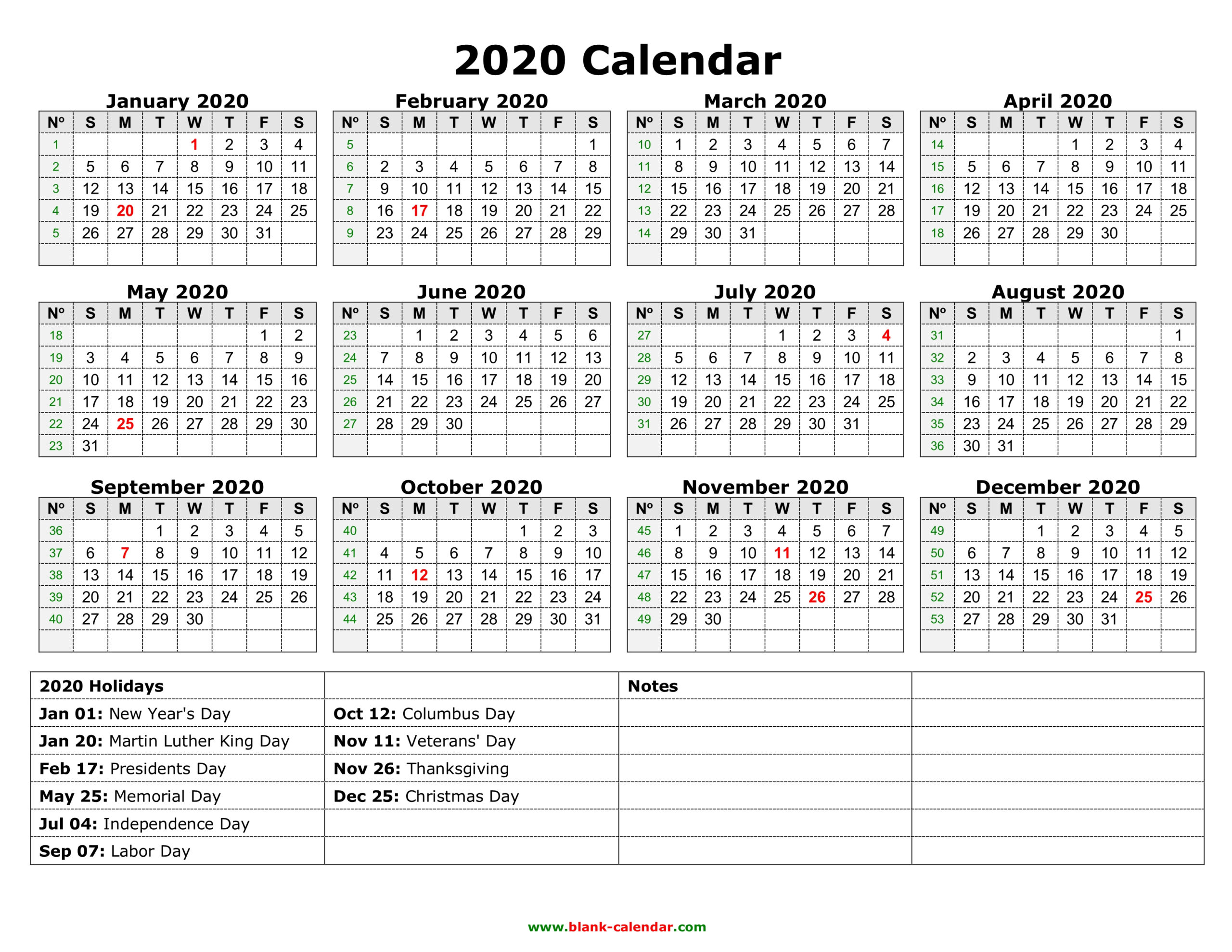 Yearly Calendar 2020 | Free Download And Print