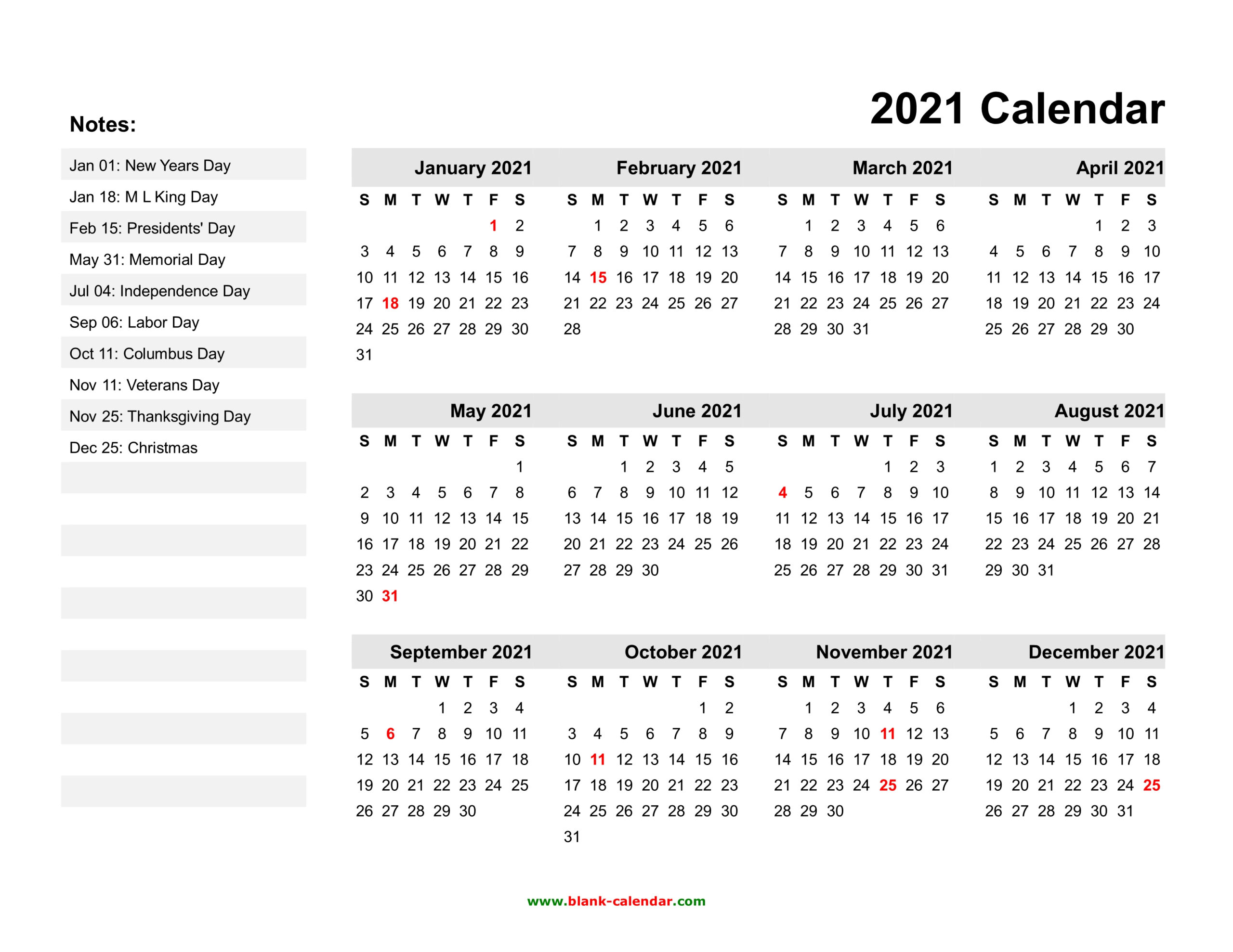 Yearly Calendar 2021 | Free Download And Print