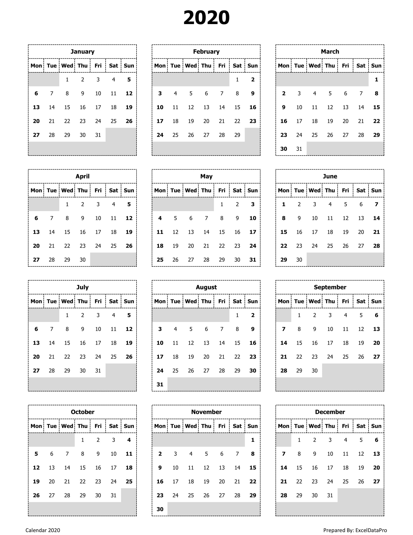 Yearly Calendar Printable 2020 Start On Monday | Calendar