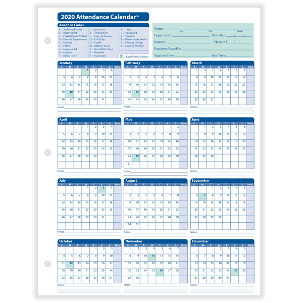 Yearly Employee Attendance Calendar | Yearly Calendar