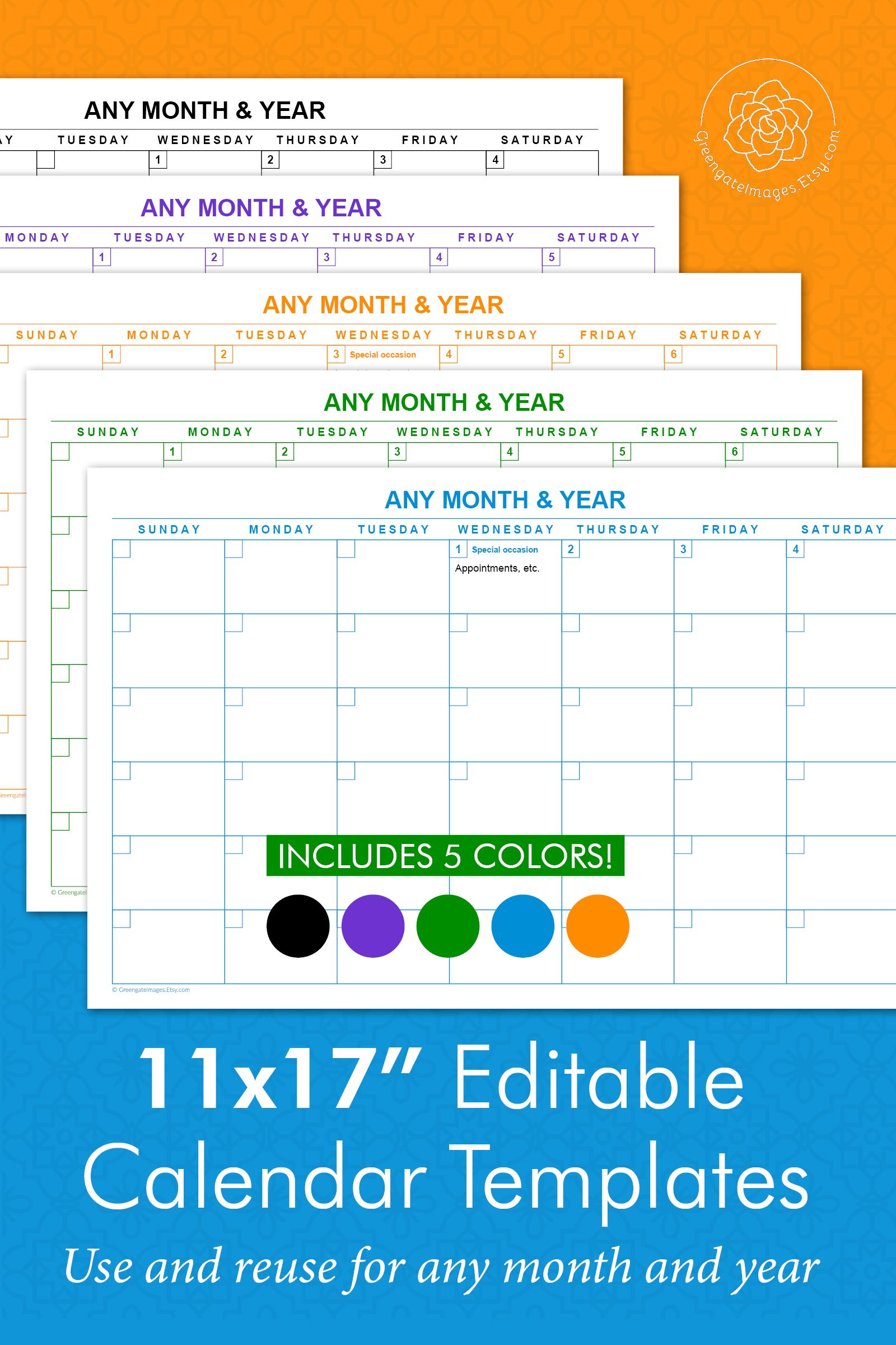 11X17&quot; Editable Calendar Templates - Landscape Calendars