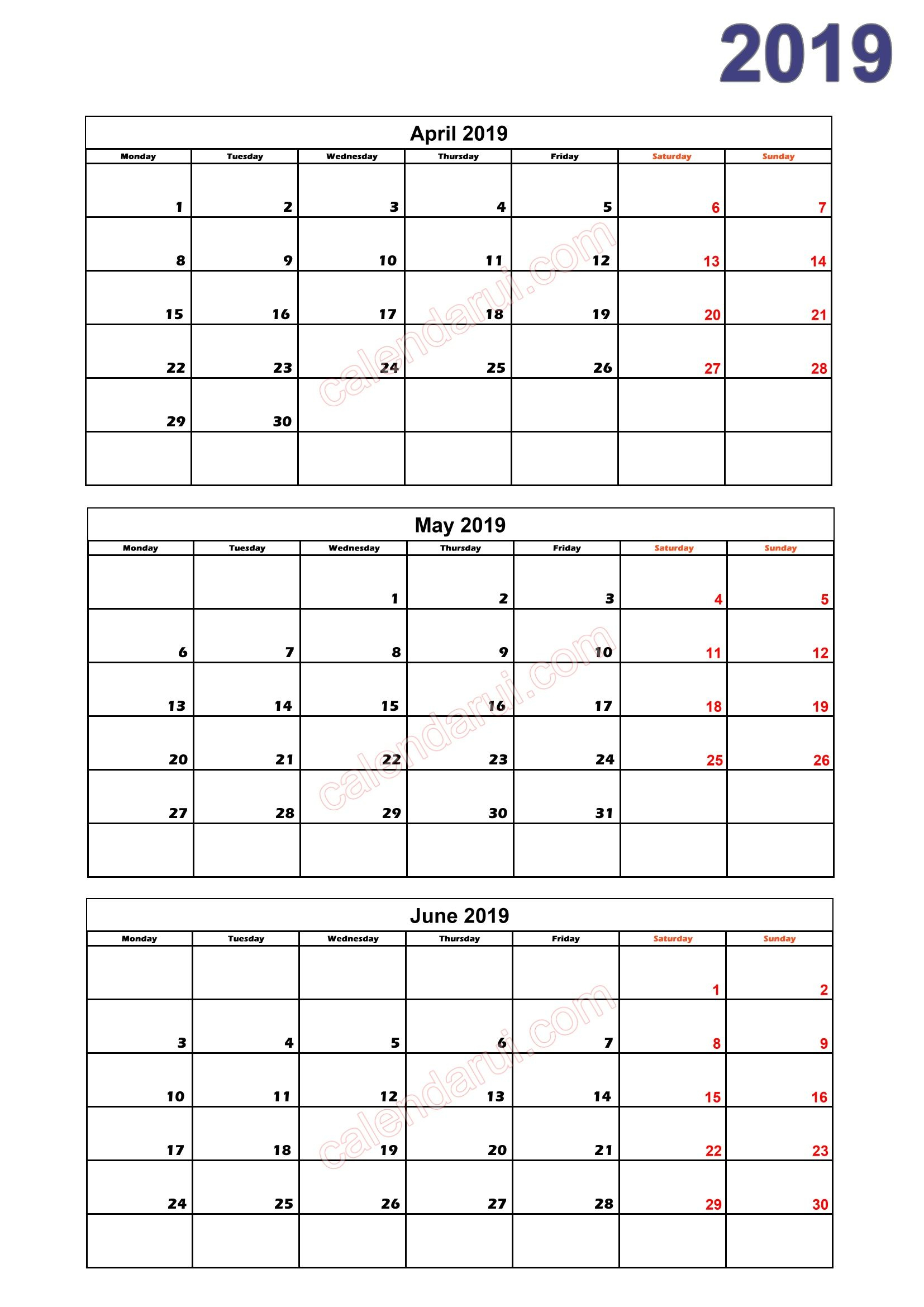 2 Quarter 2 Calendar 2019 Printable Download Free_2